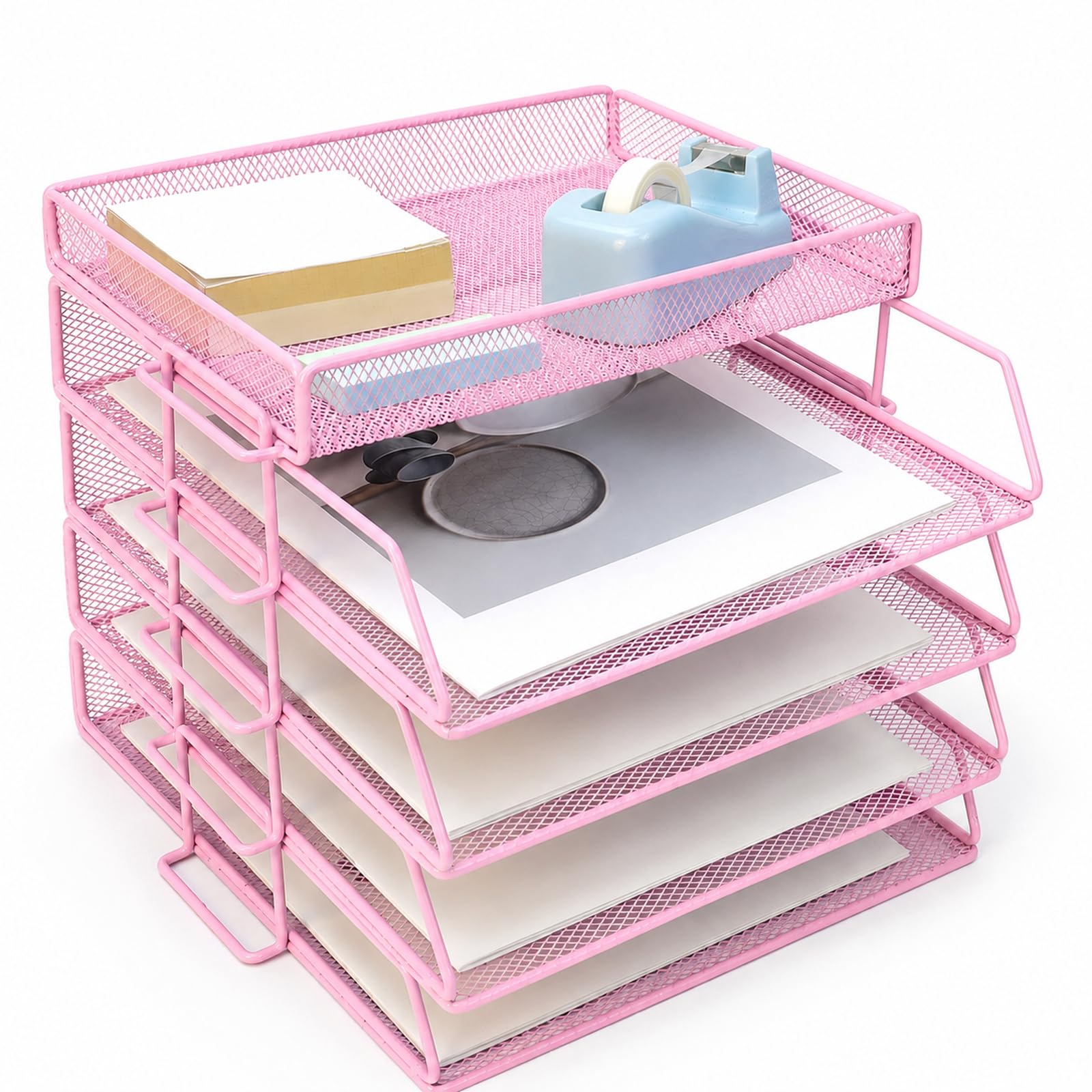 ideallife Letter Trays Stackable with Top Stationery Holder, 4-Tier Metal Desk Organizer Tray, Paper Filing Tray for Office Supplies - Pink