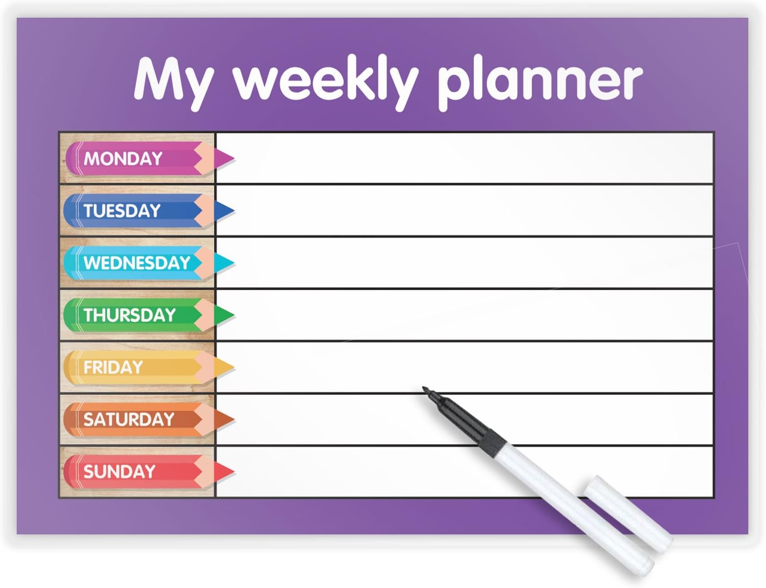 MY WEEKLY PLANNER - Wipe clean finish - Free dry-wipe pen -SHOPPING/KIDS/TASKS Purple