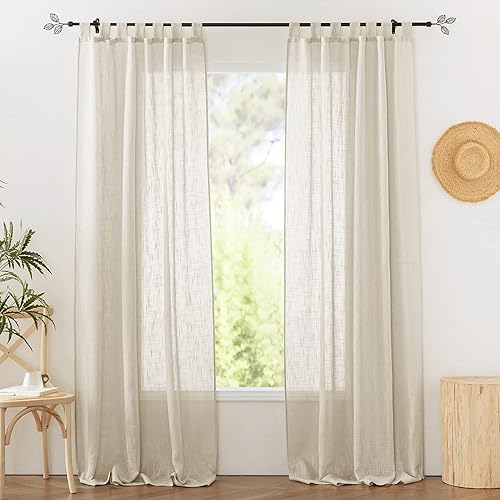 RYB HOME Sheer Curtains 96 inches Long, Linen Textured Semi Sheer Farmhouse Curtains Sunlight Filtering Airy Window Treatment for Bedroom Living Room, W 52 x L 96 inch, 2 Panels, Warm Beige