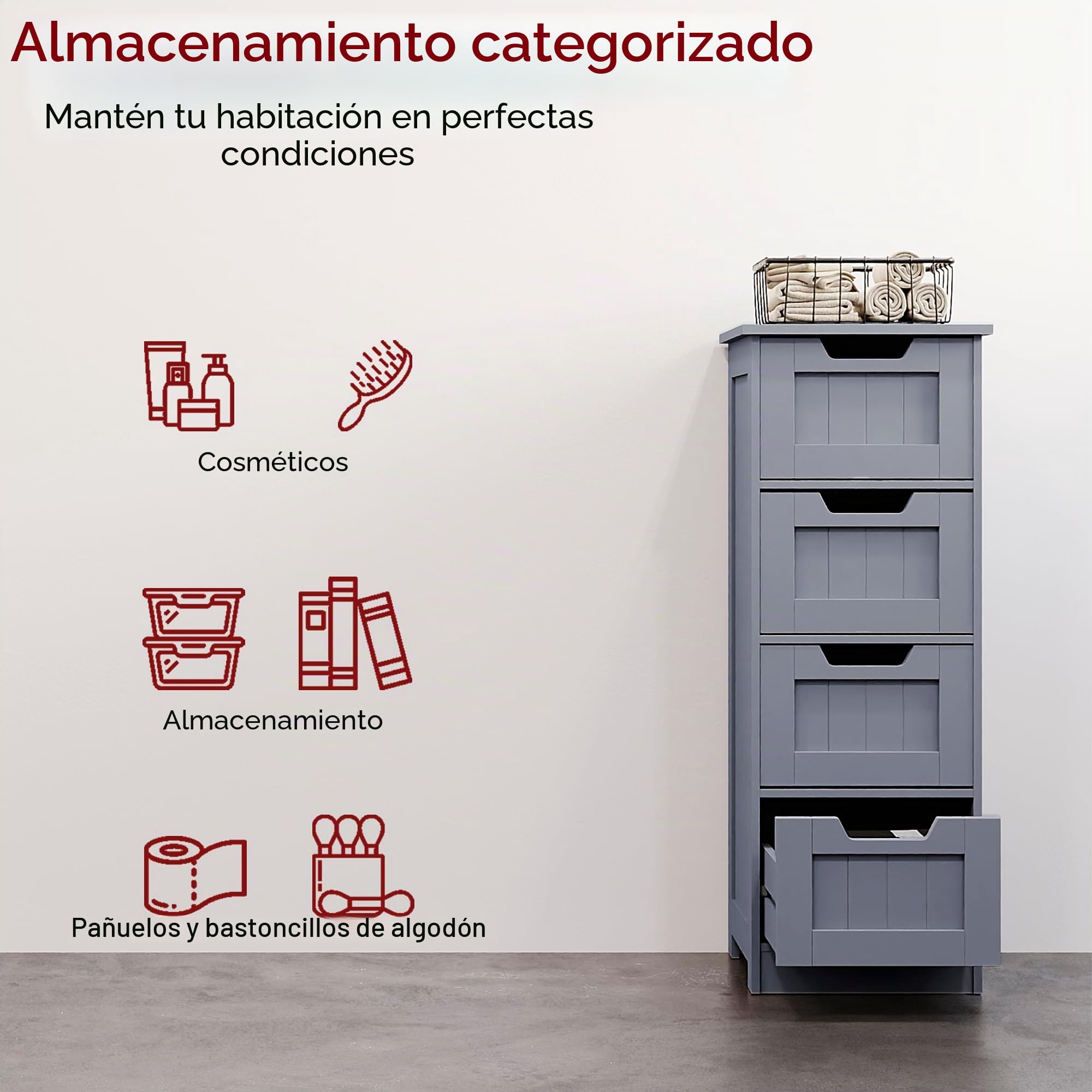 Bath Vida Priano - Armario de pie para baño, 4 cajones, Madera, Color Gris