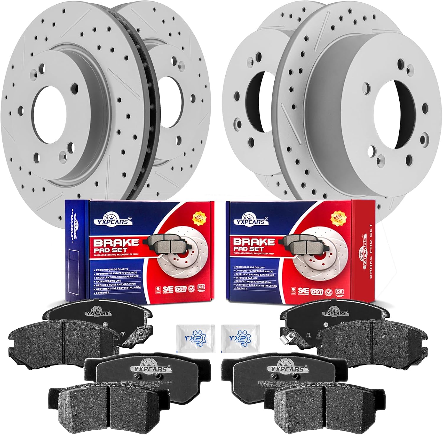 Front & Rear Drilled Slotted Rotors and Ceramic Disc Brake Pads Kit for Chevy Monte Carlo 2006-2007/ Impala 2006 2007 2008 2009/ Impala 2010 Drum In Hat Parking Brake