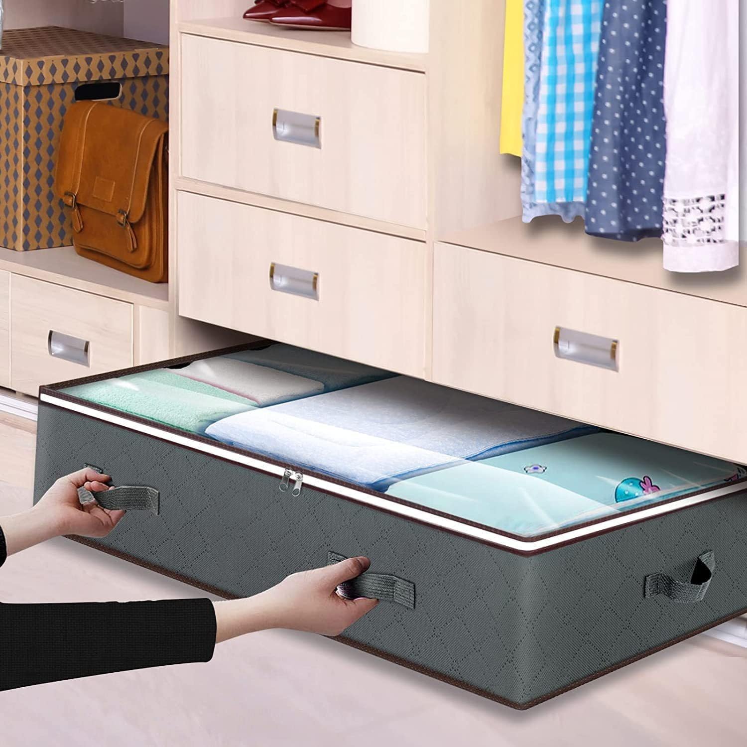 1 Pack Under Bed Storage, 90L Under Bed Storage Containers, Closet Organizers and Storage Bins, Foldable Underbed Storage Bags for Blankets, Towels, Comforter, Sweaters, Pillows-Grey