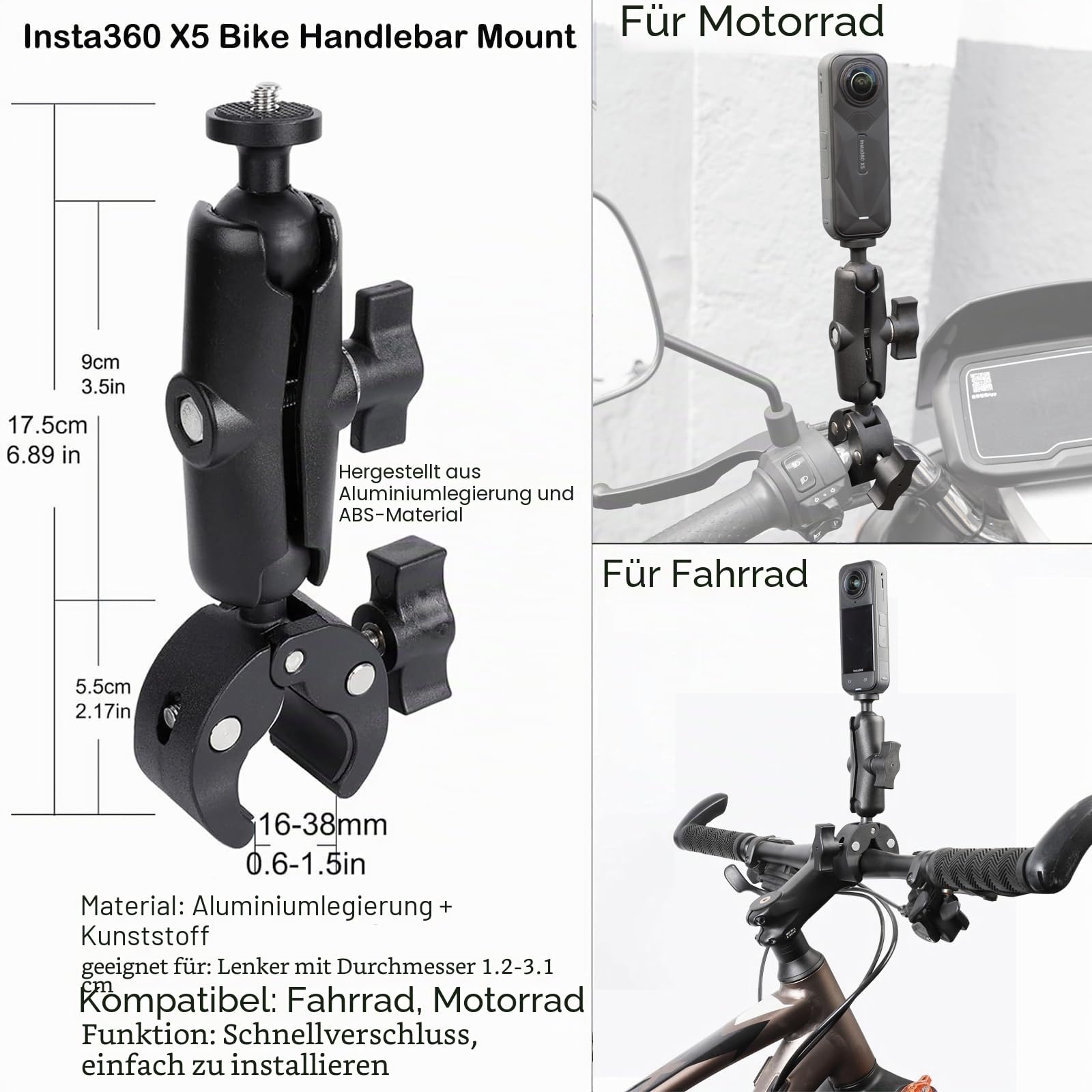 PellKing Zubehör-Set für insta360 X5, inklusive Tragetasche mit Gürtel, 2 Stück Metall 1/4" Adapter, Lenkerklemme, Magnetische Halterung, 109,2 cm Selfie Stick, Brustgurt, Kopfband, Rucksackhalterung