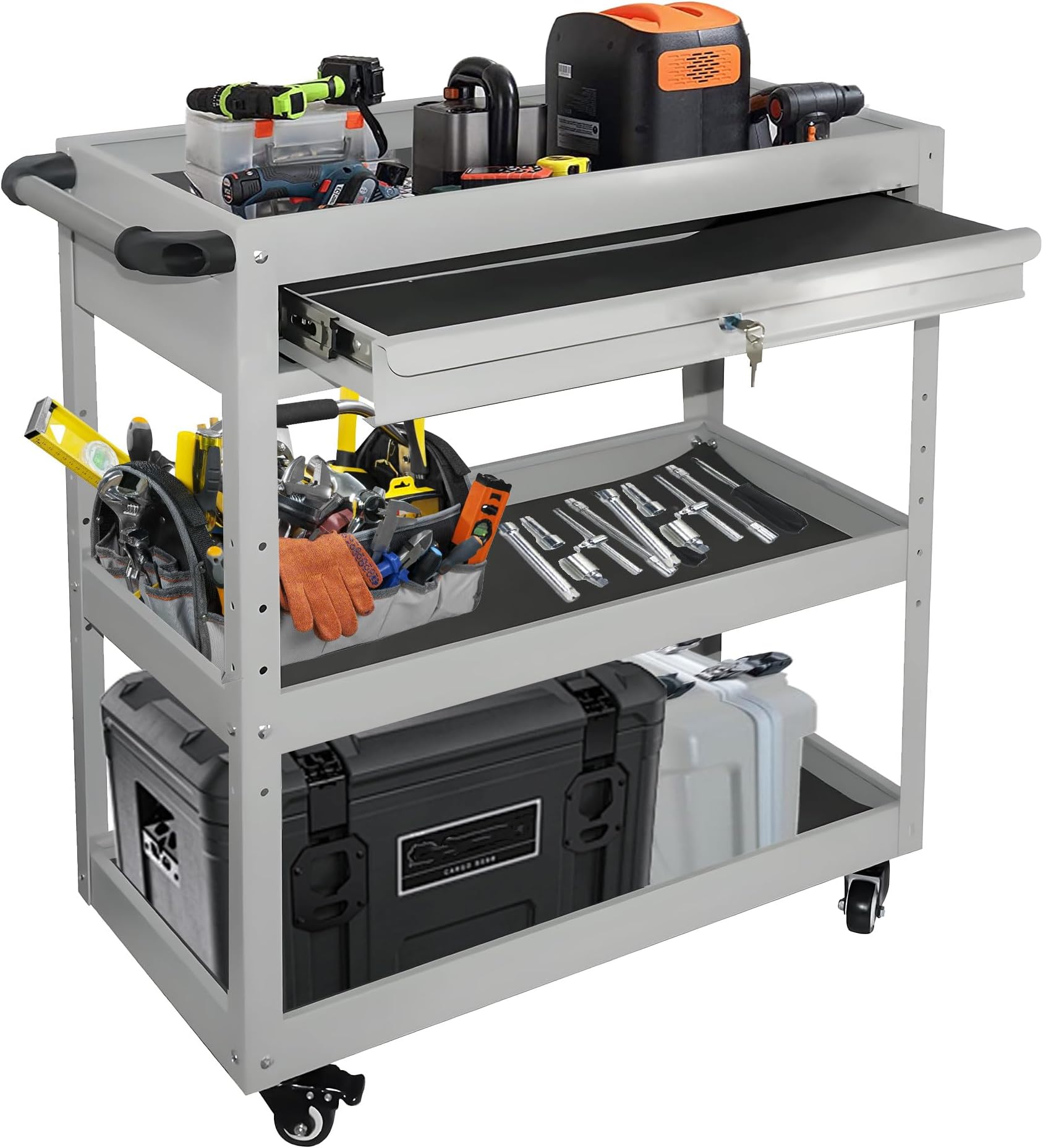 MYOYAY 3 Tier Utility Cart with Storage Drawer, Rolling Tool Cart on Wheels 450 lbs Loading Capacity, Height Adjustable Mechanic Cart Alloy Steel Organizer for Warehouse Garage Garden Workshop