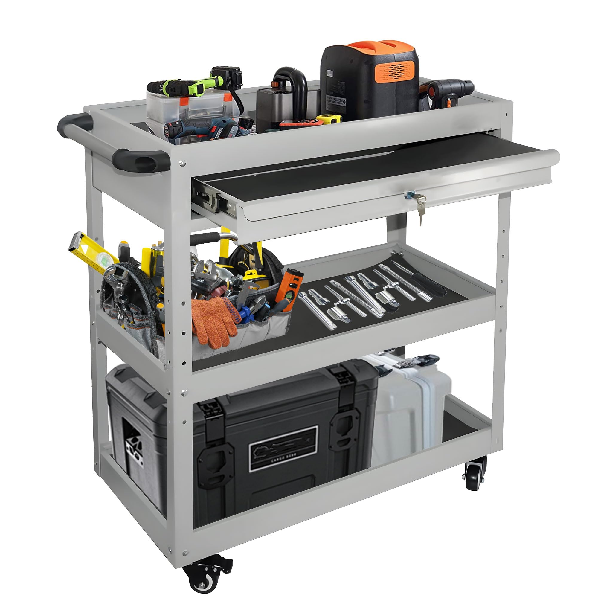 MYOYAY 3 Tier Utility Cart with Storage Drawer, Rolling Tool Cart on Wheels 450 lbs Loading Capacity, Height Adjustable Mechanic Cart Alloy Steel Organizer for Warehouse Garage Garden Workshop