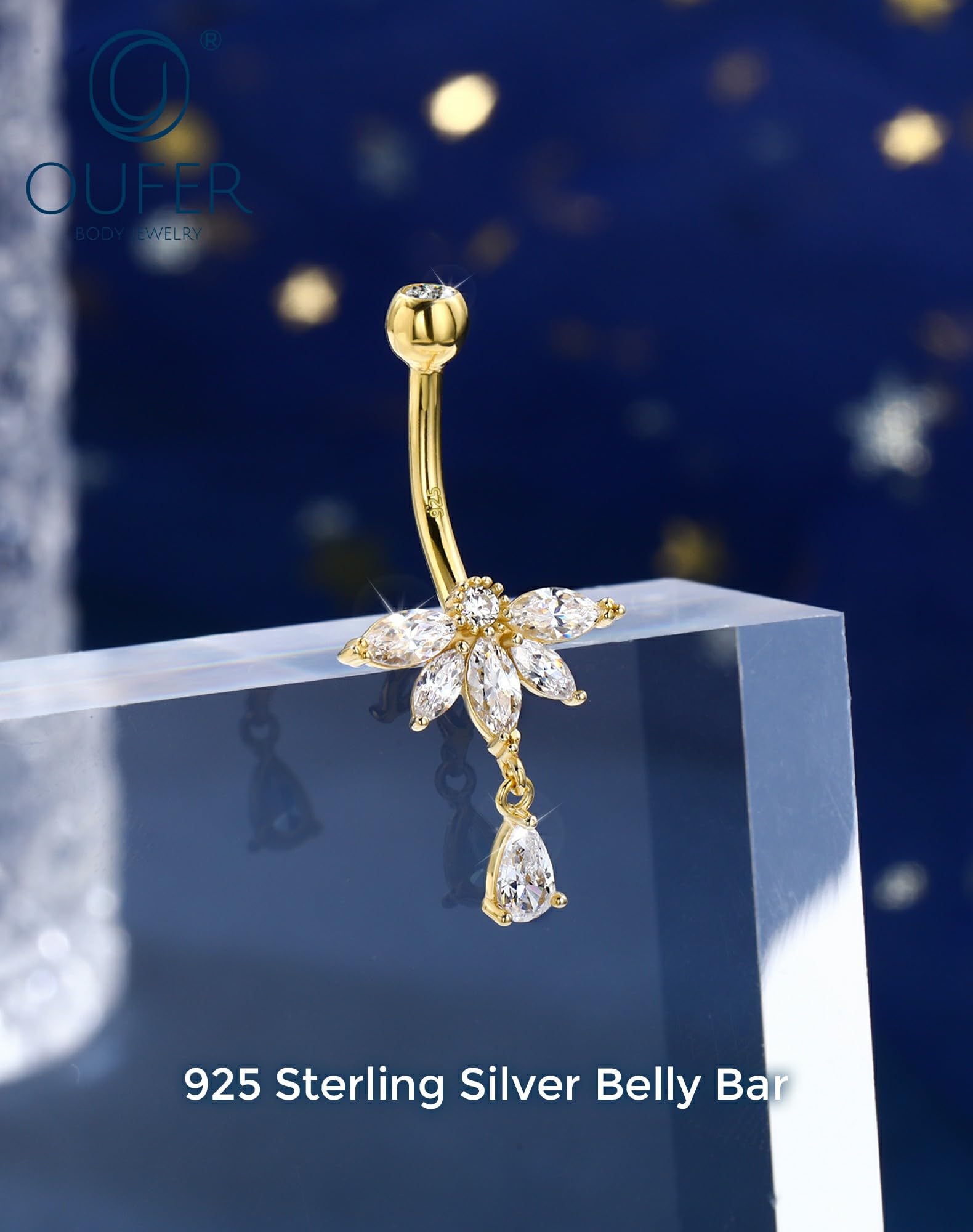 OUFER Lotus Gold - Piercing para ombligo de plata de ley 925, 14 g, con colgante, circonita transparente, 10 mm