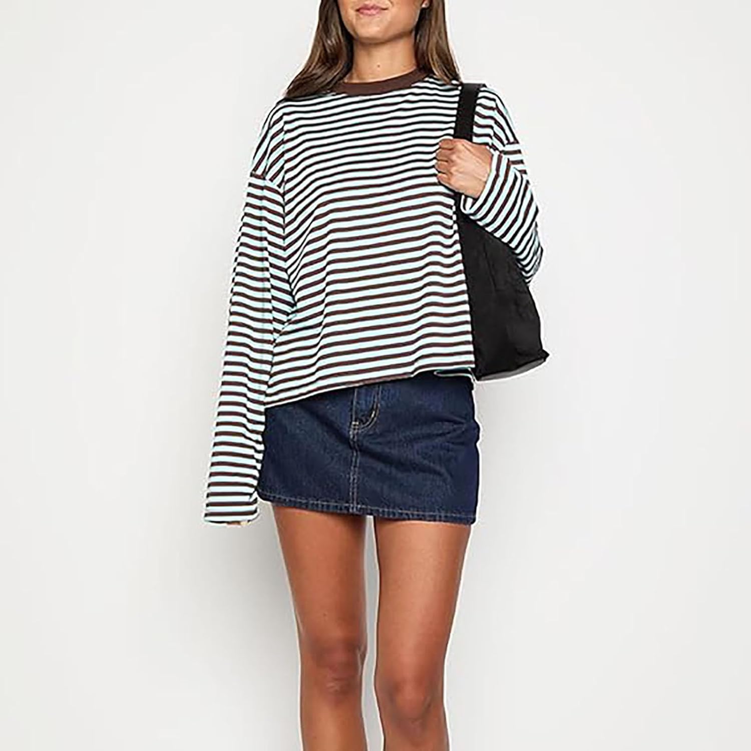 Women Long Sleeve Shirt Crew Neck Drop Shoulder Cropped Striped Sweatshirt Oversized Pullover Grunge Top Streetwear - Image 2