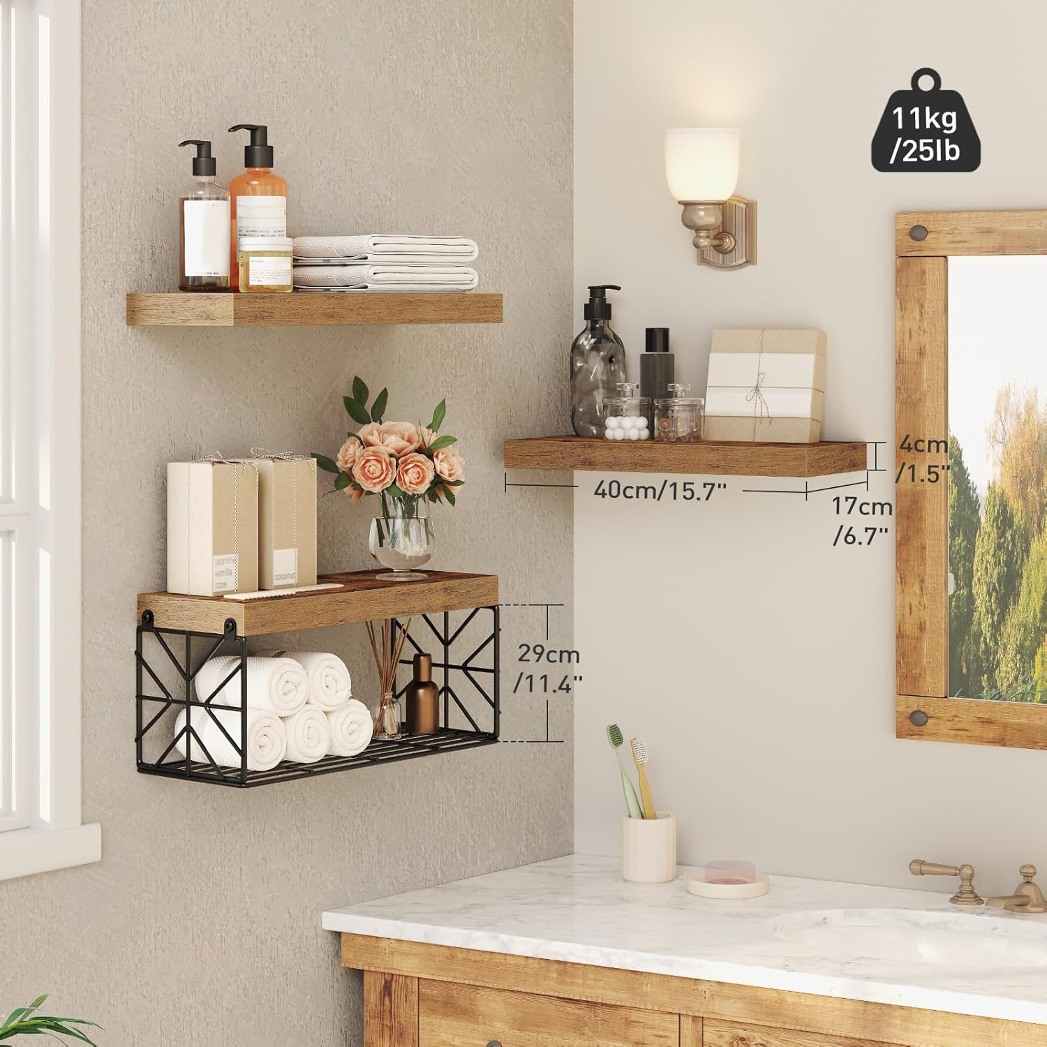 RALGEND Bathroom Shelves Over Toilet Set of 3, Floating Shelves for Wall Toilet Paper Storage, 1.5" Thick Hanging Shelf, Farmhouse Wall Decor for Bathroom Living Room, Kitchen, Rustic Brown 4001BJBF