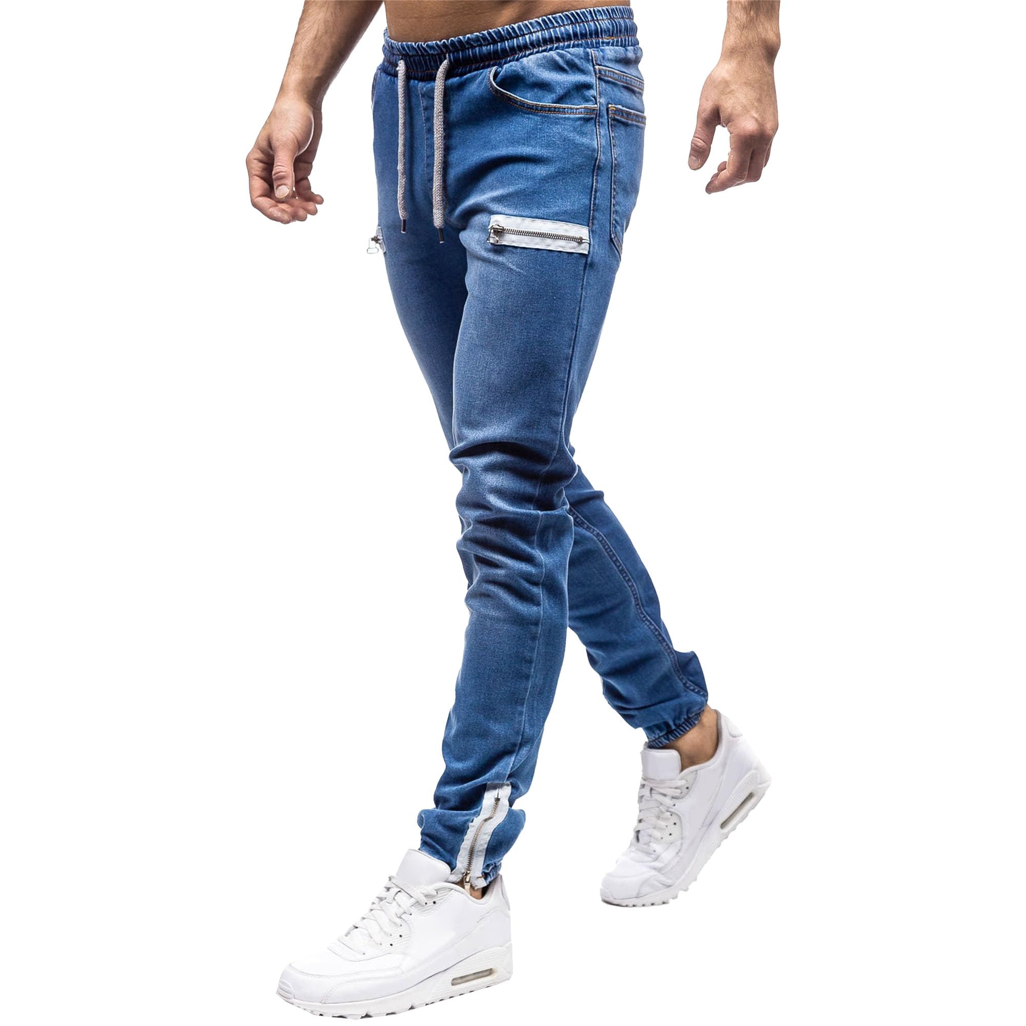 Maiyifu-GJ Men's Oversize Zipper Jeans Elastic Waisted Skinny Denim Pants Stretch Fashion Casual Streetwear Jean Trousers (Dark Blue,X-Large)