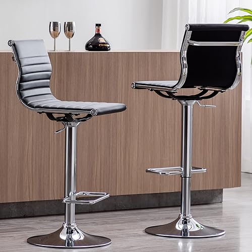 Miniatura 29 de Taburetes de bar ajustables de piel sintética, taburete de bar negro y dorado con respaldo, moderno taburete giratorio de altura de mostrador para