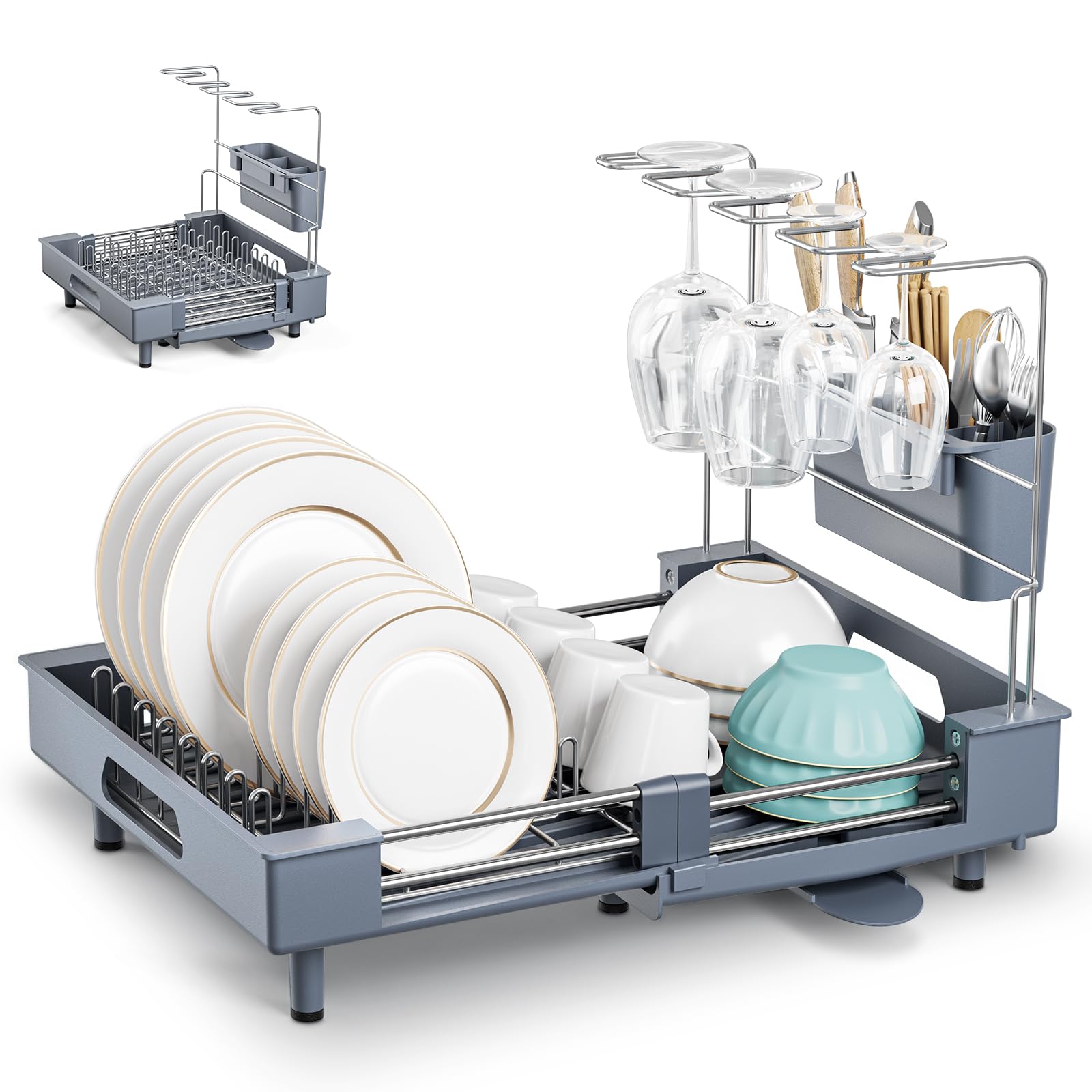 Ixdregan Expandable Drying Rack, Foldable Stainless Steel Dish Drainer with Removable Cutlery Holder, Scratch-Resistant Plate Frame with Removable Wine Glass Holder, Swivel Spout (Grey)
