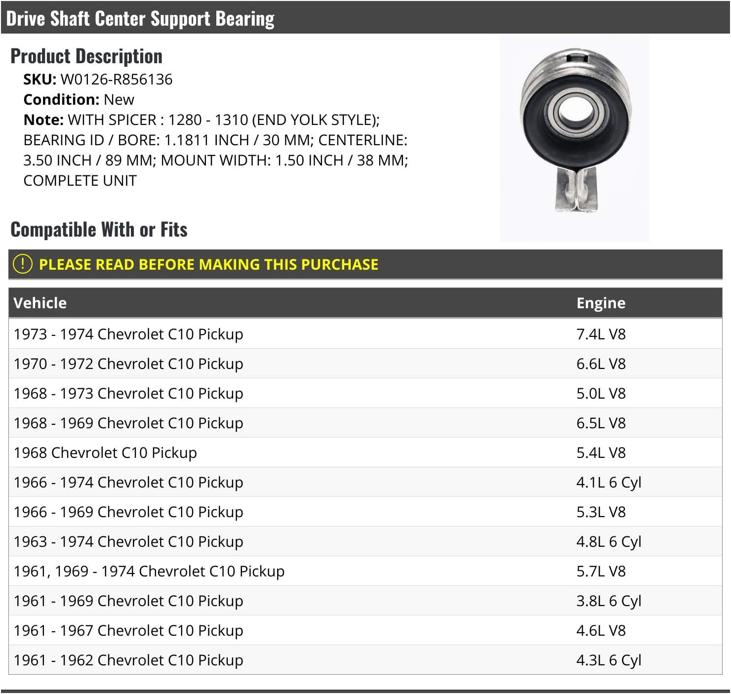 Drive Shaft Center Support Bearing - Compatible with 1961-1974 Chevy C10 Pickup