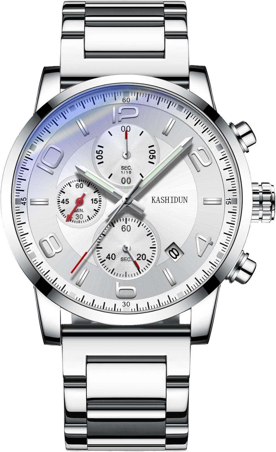 OLMECA Men's Watches Luxury Sports Casual Quartz Wristwatches Waterproof Chronograph Calendar Date Stainless Steel Band Black Color 666 (Silver White)