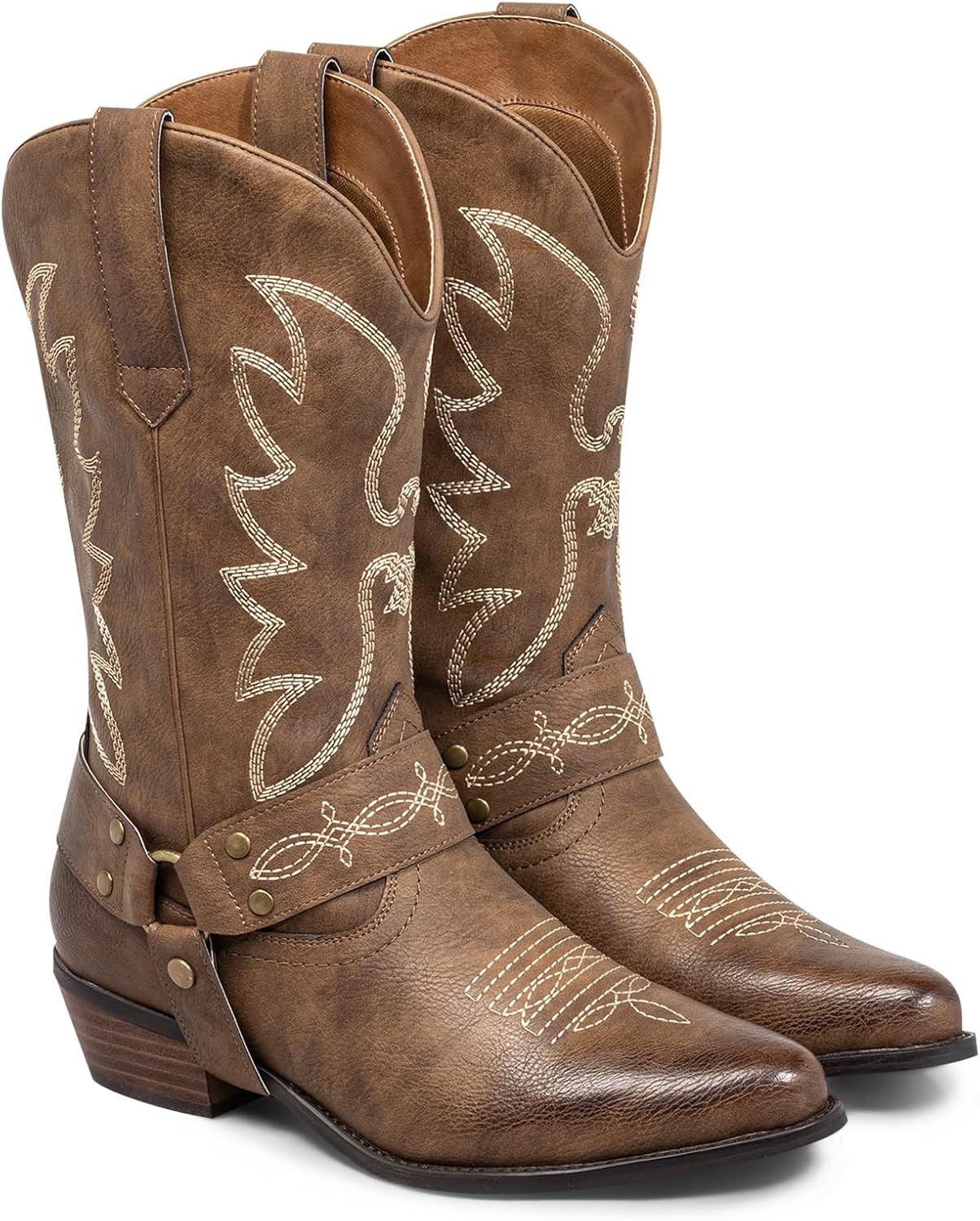 SheSole Cowboy Boots for Women Western Cowgirl Boots Mid Wide Calf Fashion Pointed Toe Harness Boots with Embroidery Chunky Heel