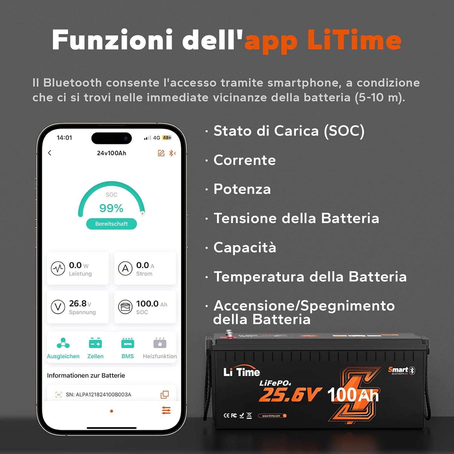 LiTime 24V 100Ah Lifepo4 Batteria Bluetooth e Protezione dalle Basse Temperature, Batteria Litio con 100A BMS, Max. 2560Wh, 4000+ Cicli, Perfetta per Sostituire le Batterie al Piombo, per Camper