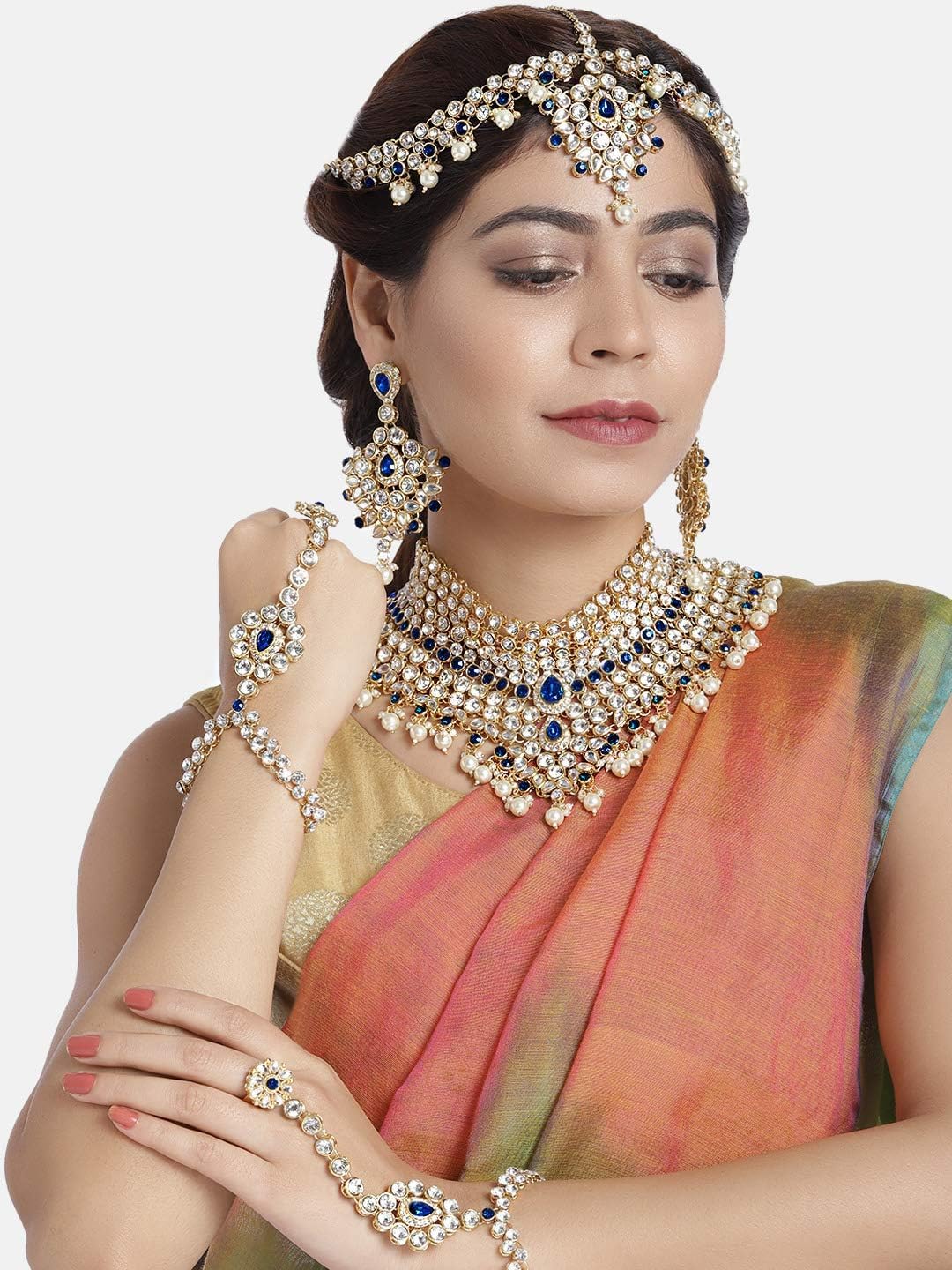 Aheli Bollywood Style Indian Bridal Choker Necklace Matha Patti Nose Ring Haath Phool Wedding Fashion Bharatanatyam jewellery set Gift for Women