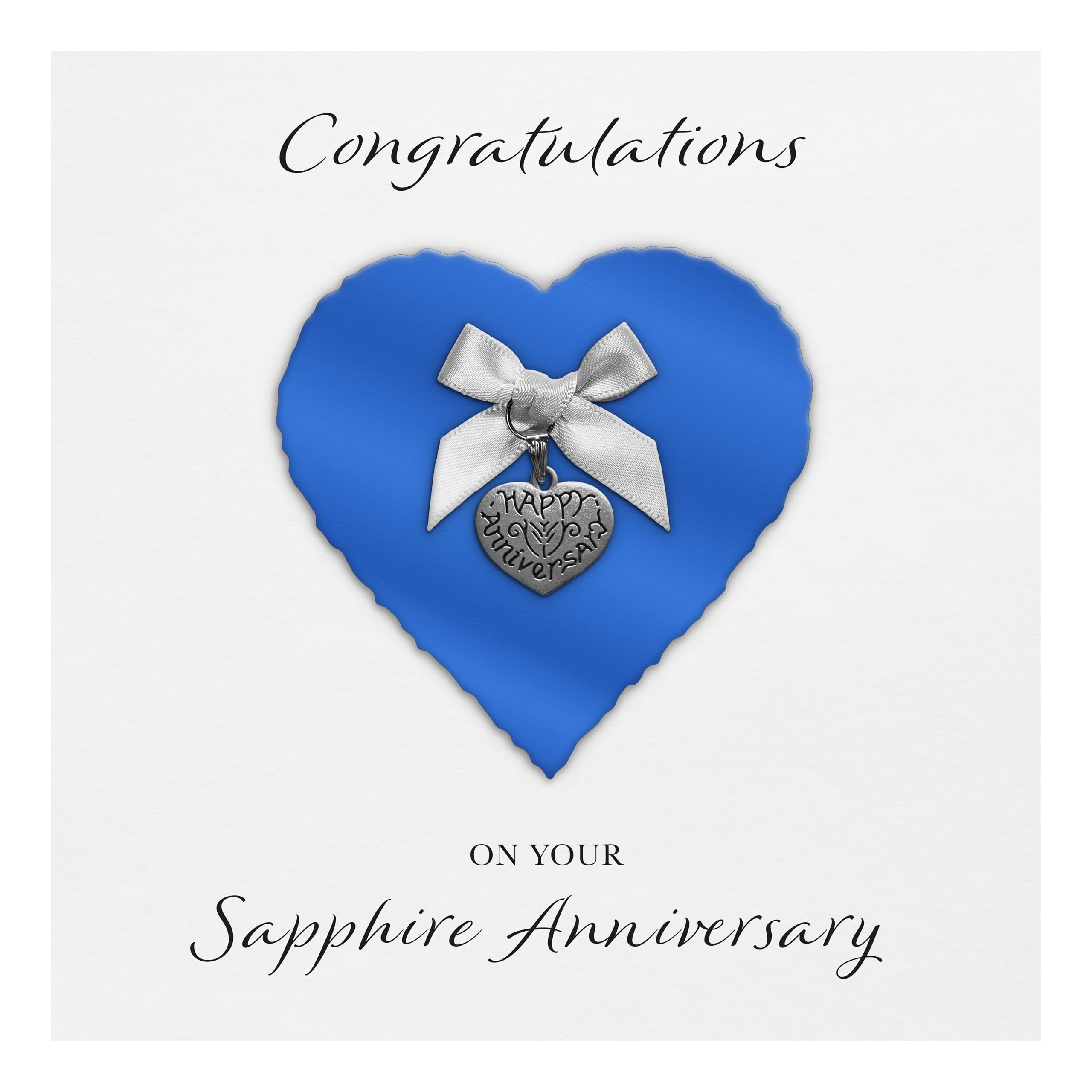 Sapphire 45th Anniversary Card "Heart Charm & Bow" - Handmade UK (Sapphire Heart/White Bow, White Cardstock)