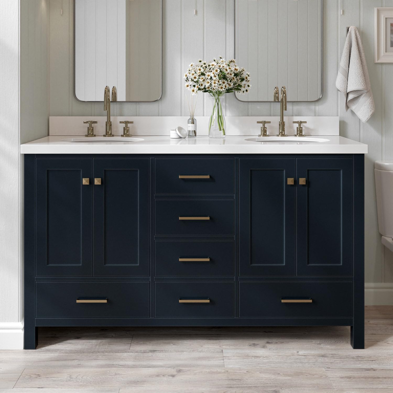 ARIEL Cambridge 60-inch Bathroom Vanity with Sink,Solid Wood, 1.5-inch Pure White Quartz Countertop & Backsplash, Double Oval Porcelain Sink, 4 Soft Closing Doors, 6 Dovetail Drawers, Midnight Blue