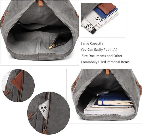 Miniatura 4 de KL928 Mochila vintage de lona  Mochila grande informal para viajes al aire libre, mochila de senderismo para hombres y mujeres, gris