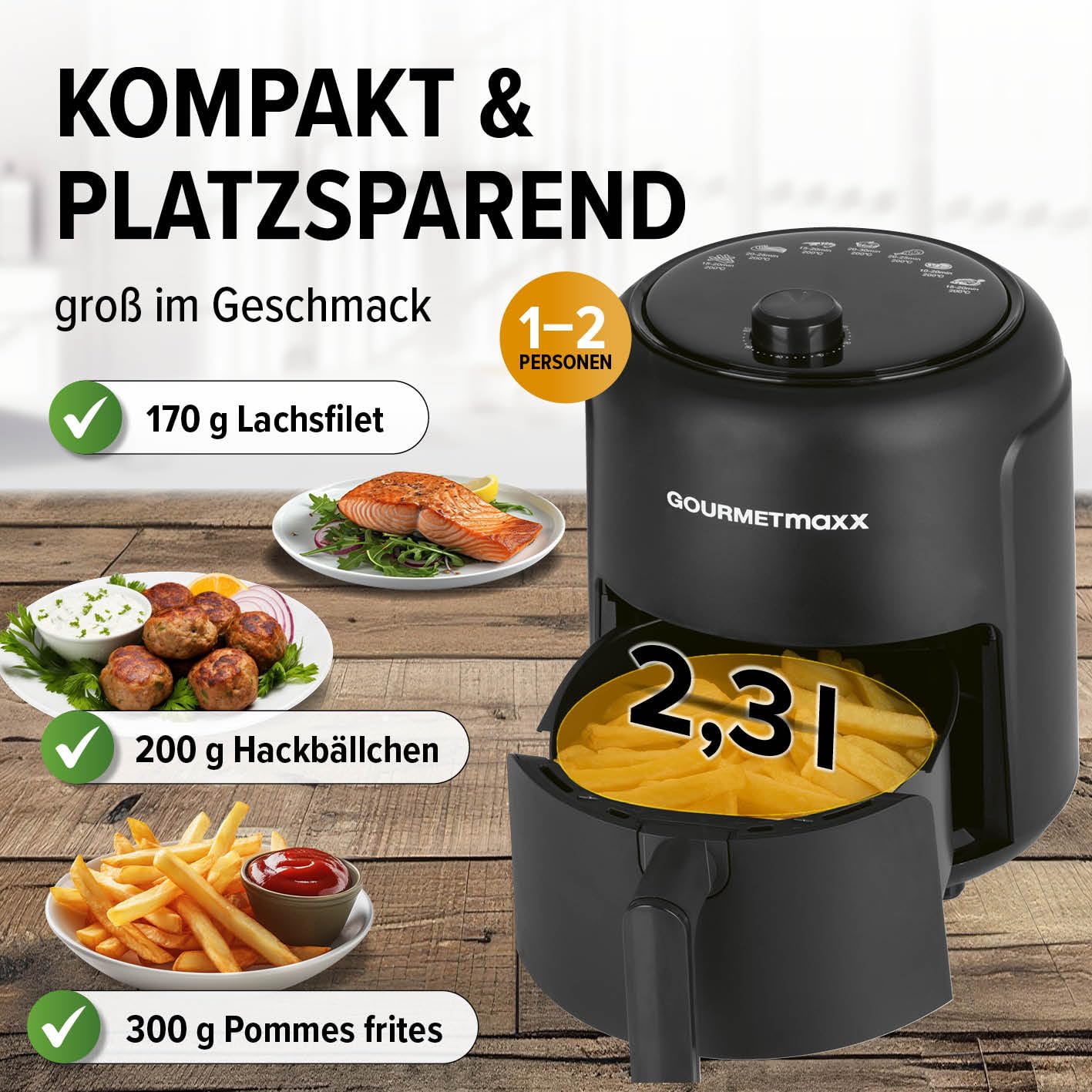 GOURMETmaxx Heißluftfritteuse 2,3L | Airfryer mit 60 Minuten Timer und 9 Funktionen inkl. Vorheizen & Warmhalten | energiesparend & geruchsarm frittieren – nahezu ohne Öl | 1000 W