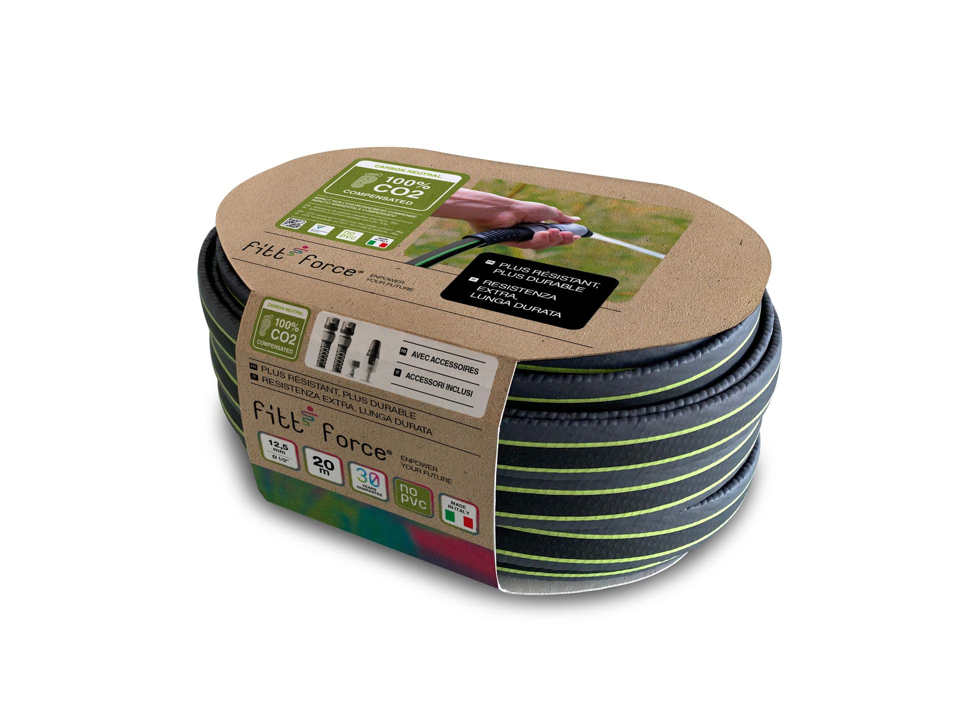 FITT FORCE 1/2" 20m Carbon Neutral, Tubo Acqua da Giardino per Irrigazione, Compatto, Leggero e Resistente per Uso Intensivo con Lancia, Grigio-Lime