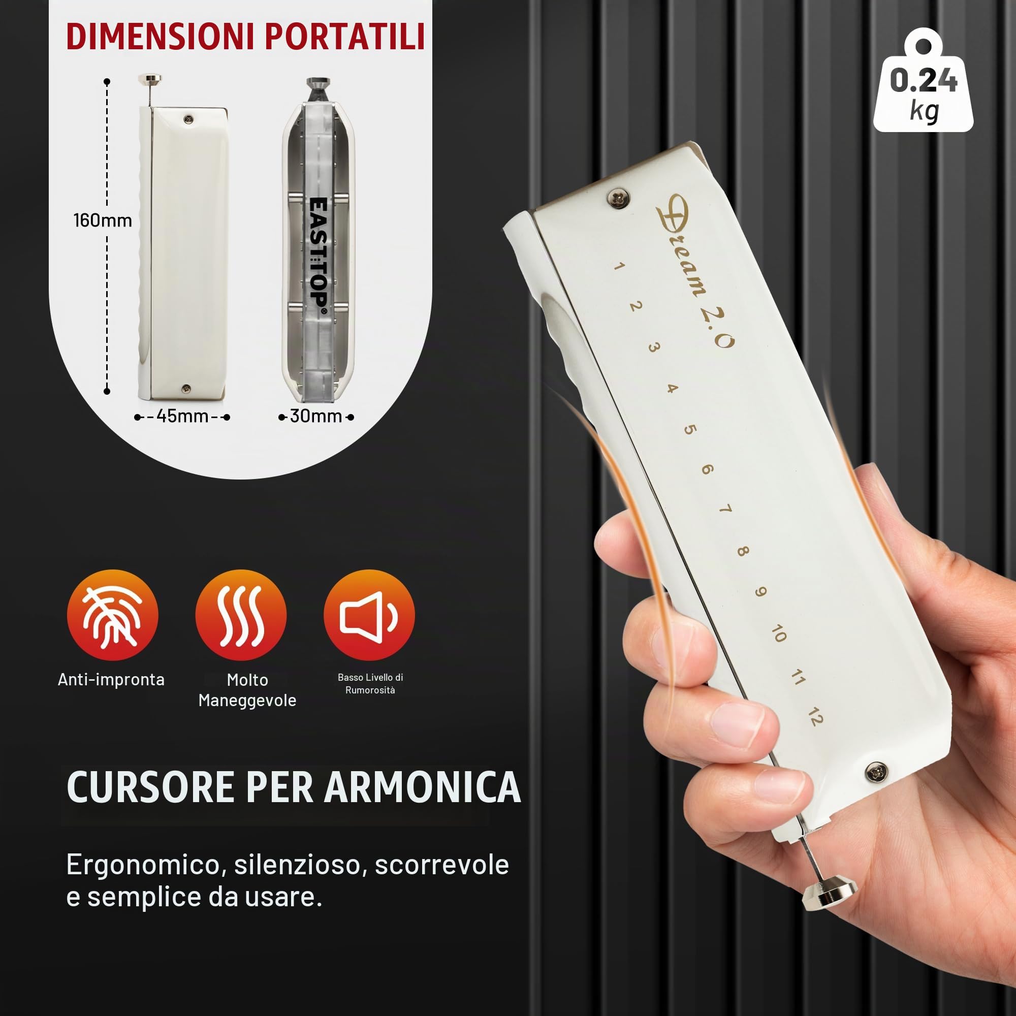 EAST TOP Armonica cromatica in chiave di do, 12 fori, 48 toni, professionale, per adulti, professionisti e studenti, colore bianco