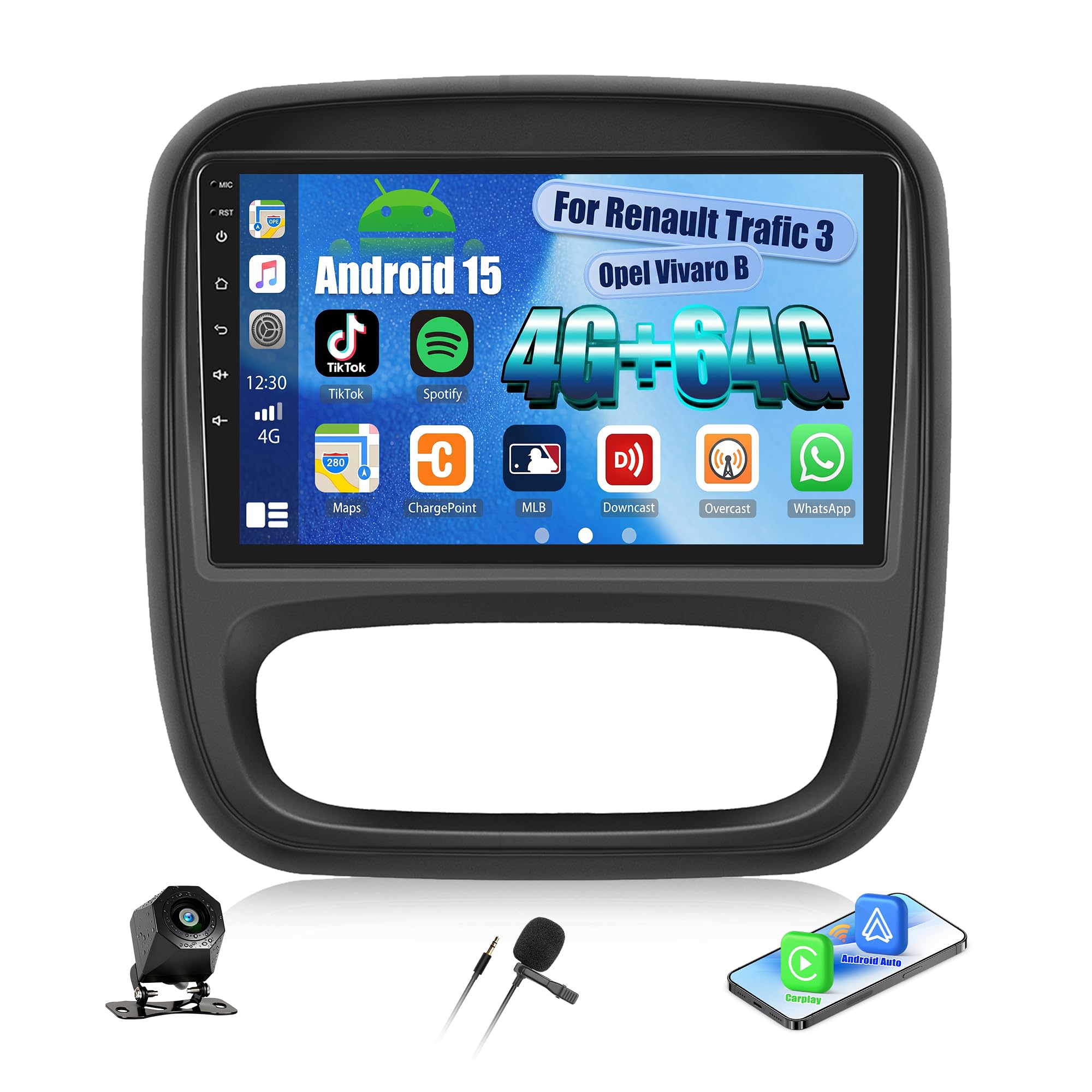 SIXWIN 4+64 Go Android 15 Autoradio pour Renault Trafic 3 (2014–2021) Opel Vivaro B (2014–2018) avec CarPlay Android Auto – Écran Tactile 9'' Voiture, WiFi Bluetooth 5.0 FM/RDS 32EQ USB avec Caméra
