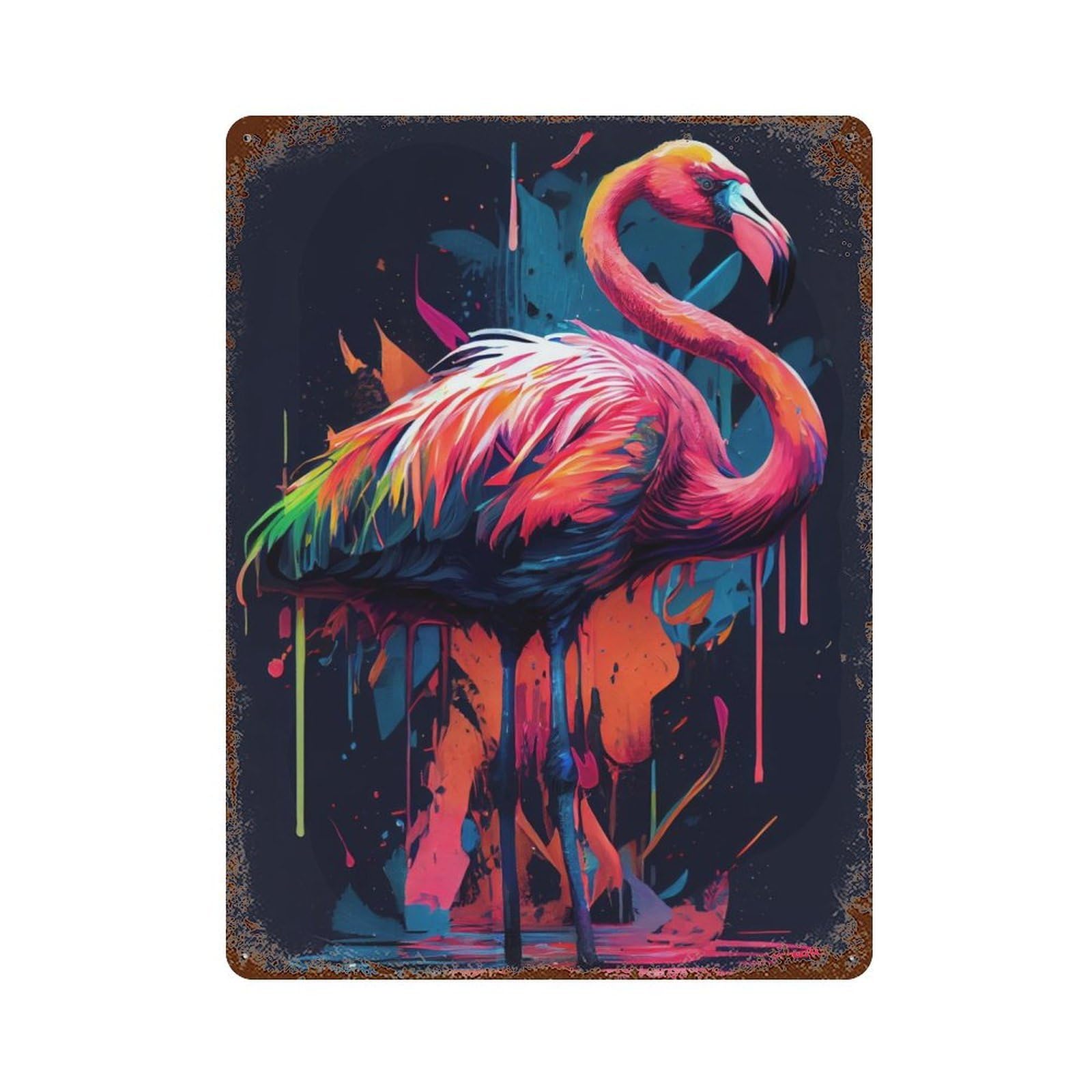 Aged Metal Wall Plaque with The Graceful Flamingo Design 15.7"x11.8", for Basement, Hobby Room And Garage Decor, Classic Wall Plaque