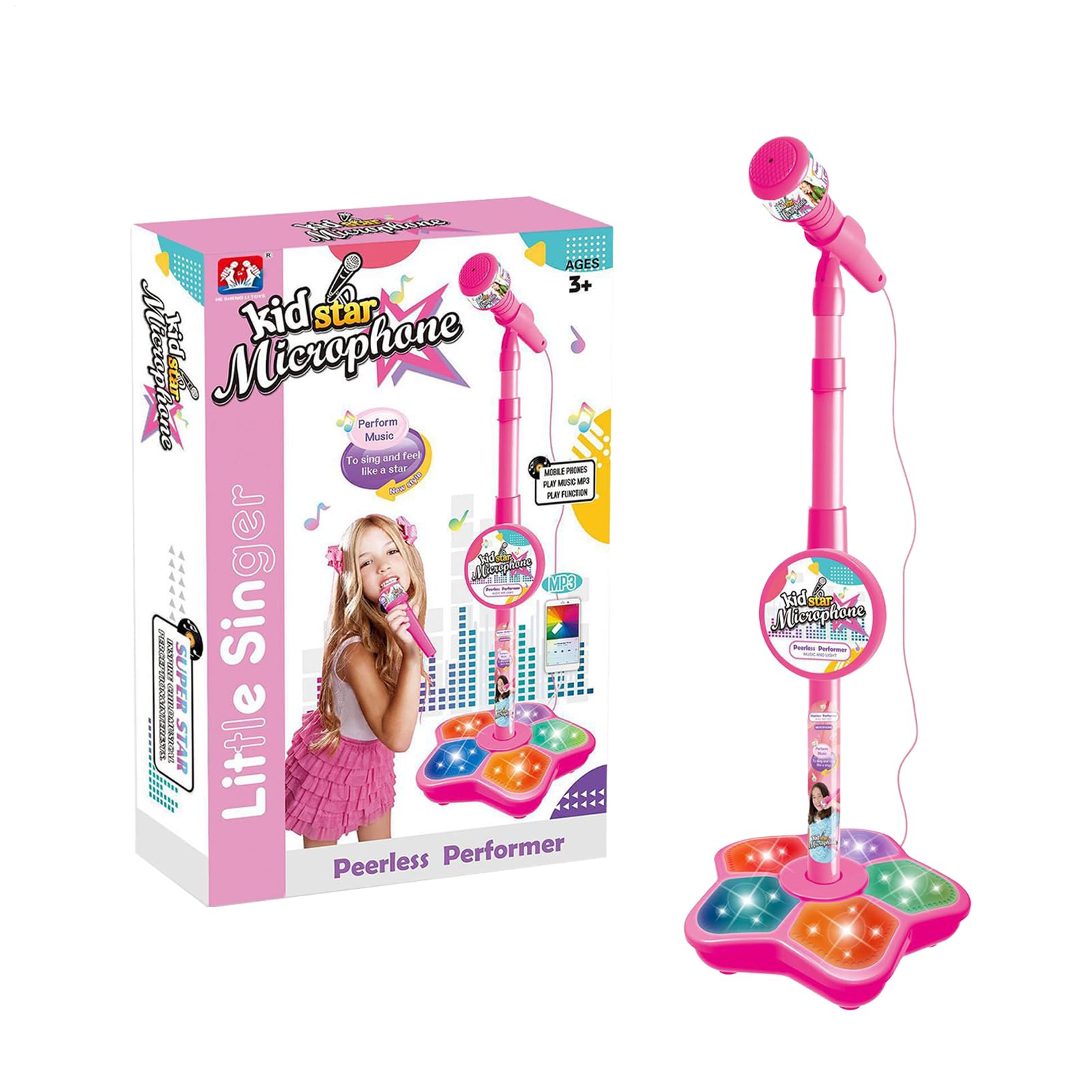 Microfono per bambini con supporto - microfono per cantare, design robusto del set di gioco | giocattolo karaoke con luce pulsante con base stabile, microfono musicale interattivo per intrattenimento