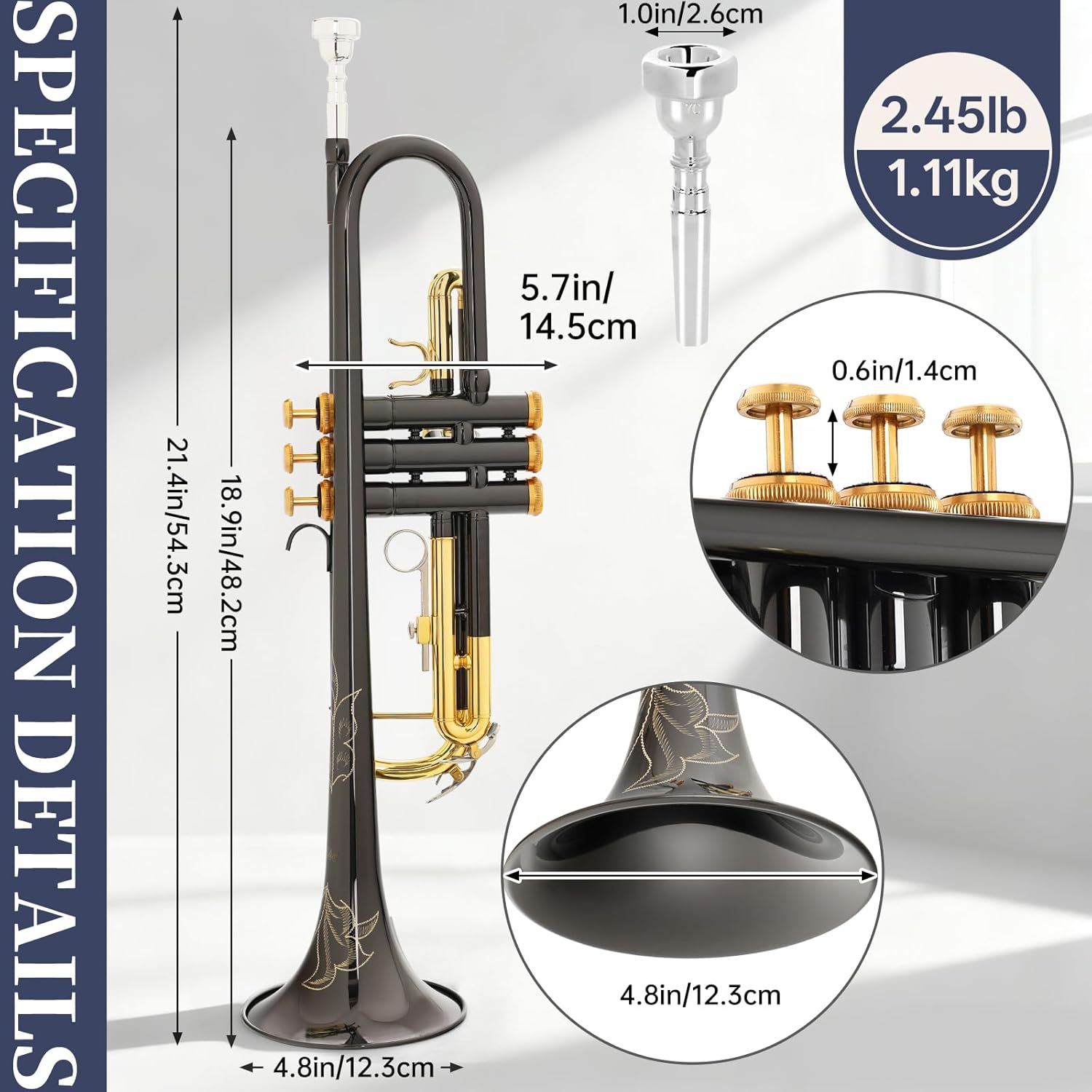 Kmise Bb Standard Trumpet, Premium Brass Trumpets for Student Beginner, Trumpet Instrument Set with Upgraded Case, 7C Mouthpiece, Mute, Beginner's Guide Kit, Cleaning Kit (Black & Gold)