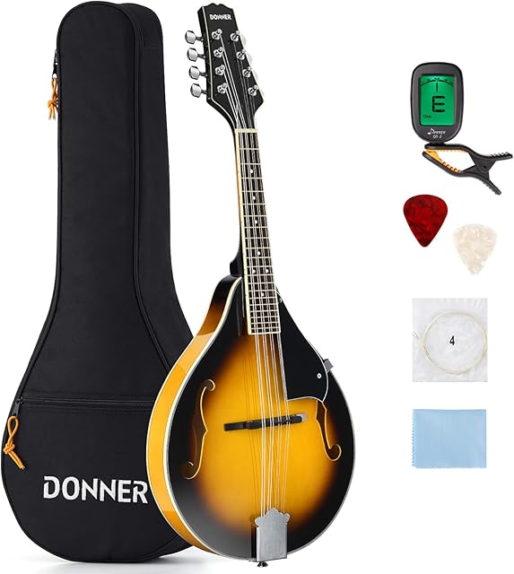 Donner Mandolin Instrument Mahogany Sunburst A Style with Tuner, String, Gig Bag, Guitar Picks (DML-1)