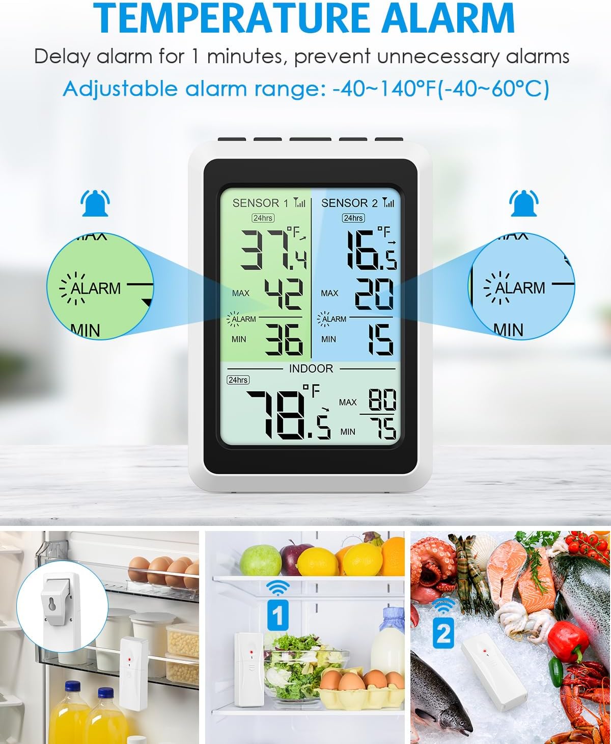 AMIR Wireless Refrigerator & Freezer Thermometer with Sensor and Alarm for Home and Kitchen Use