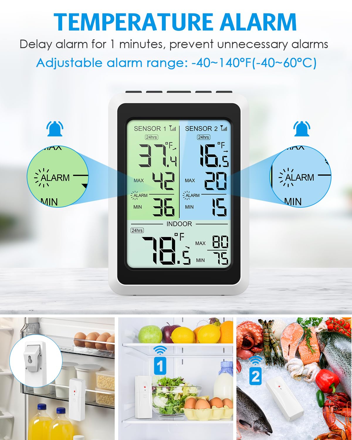 Brifit Kühlschrankthermometer, 4,5'' Farbdisplay Thermometer mit 2 Sensoren, Hintergrundbeleuchtung, Alarmfunktion, MAX/MIN-Wert, ℃/℉ Schalter, für Kühlschrank/Gefrierschrank, Innen