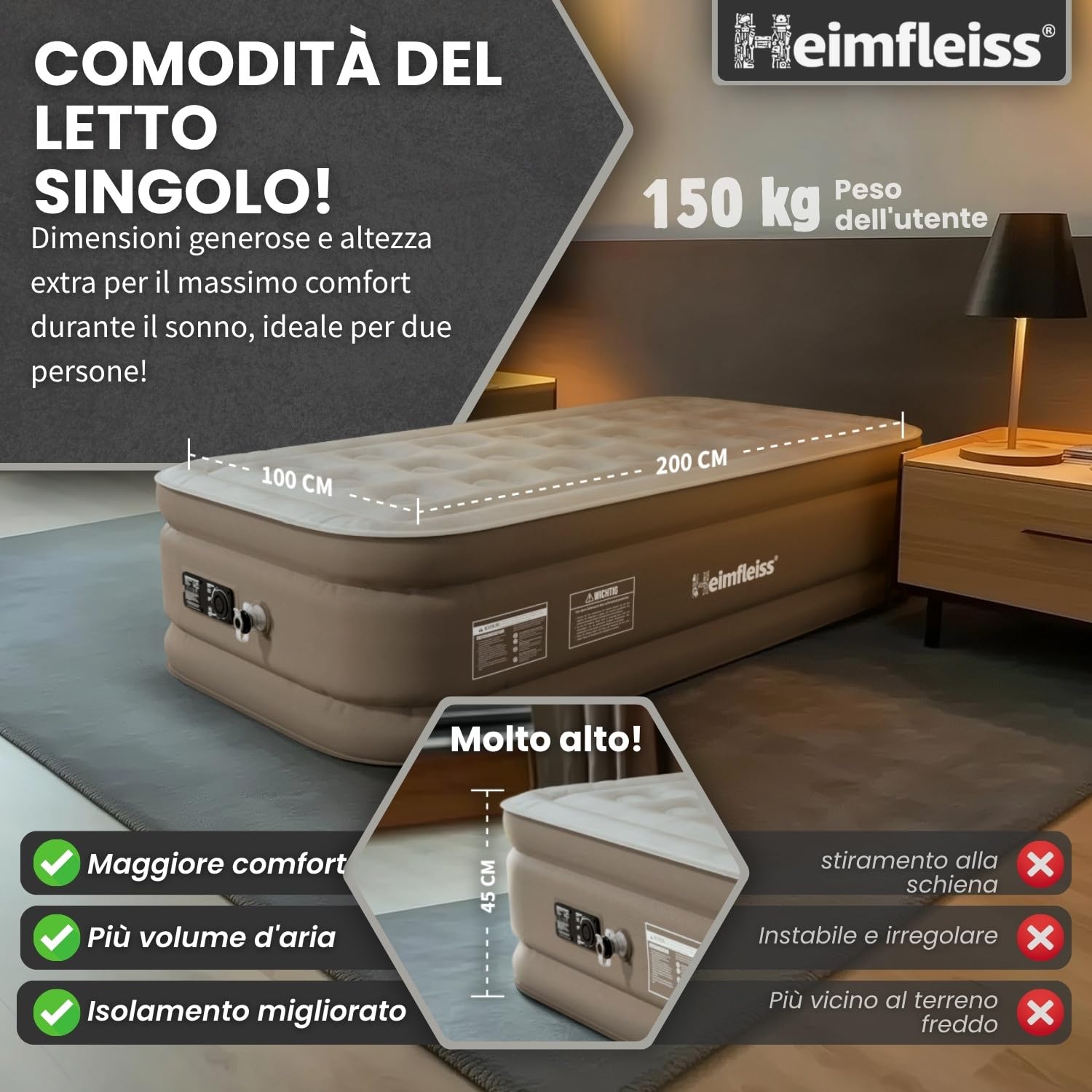 Heimfleiss® Materasso Gonfiabile Singolo 100x200x45 cm | Letto Gonfiabile Singolo per Ospiti, Casa e Campeggio | Materassino Autogonfiante Premium con Pompa e Superficie Inferiore Antiscivolo | Beige