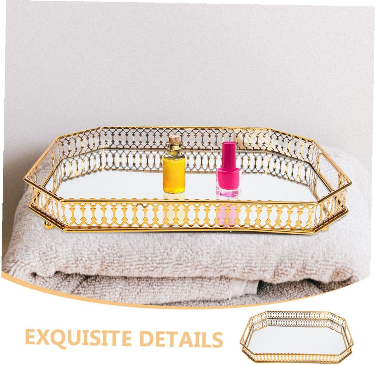 Elegant Gold Iron Art Mirror Tray for Jewelry and Perfume Storage Compact Rectangular Vanity Organizer for Bedroom Bathroom Countertop Stylish Metal and Glass Decorative Holder