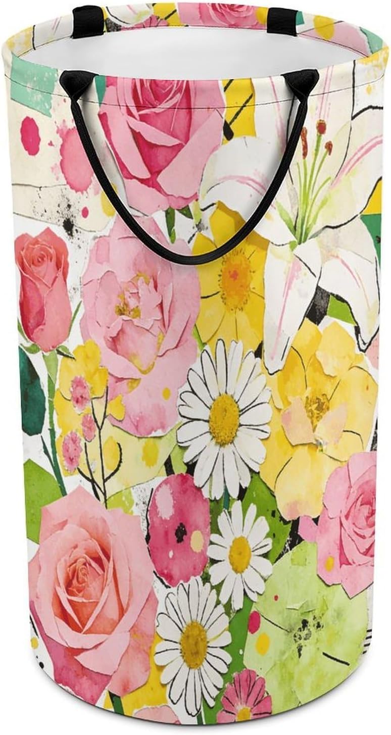 Floral Collage Laundry Hamper 86L Waterproof Collapsible Clothes Basket with Double Handles Freestanding Foldable Laundry Basket Large Clothes Hamper for Bathroom