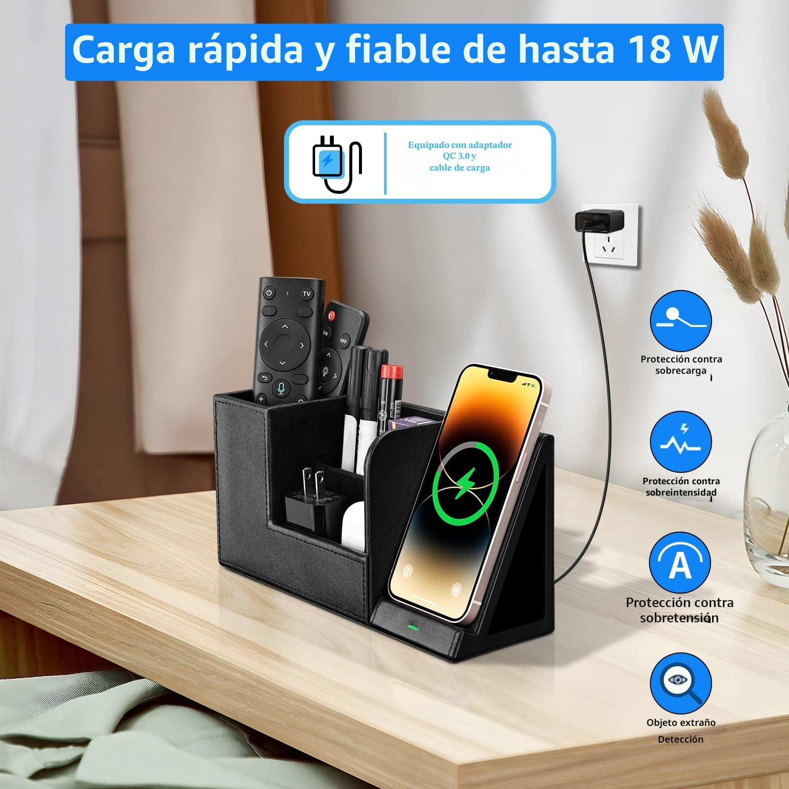 GORESE Organizador de escritorio 2 en 1 con cargador inalámbrico rápido, suministros de oficina, estación de carga inductiva de 10 W para iPhone 15 14 13 12 Pro Max Samsung Galaxy S23/S22/S21/S20/S9