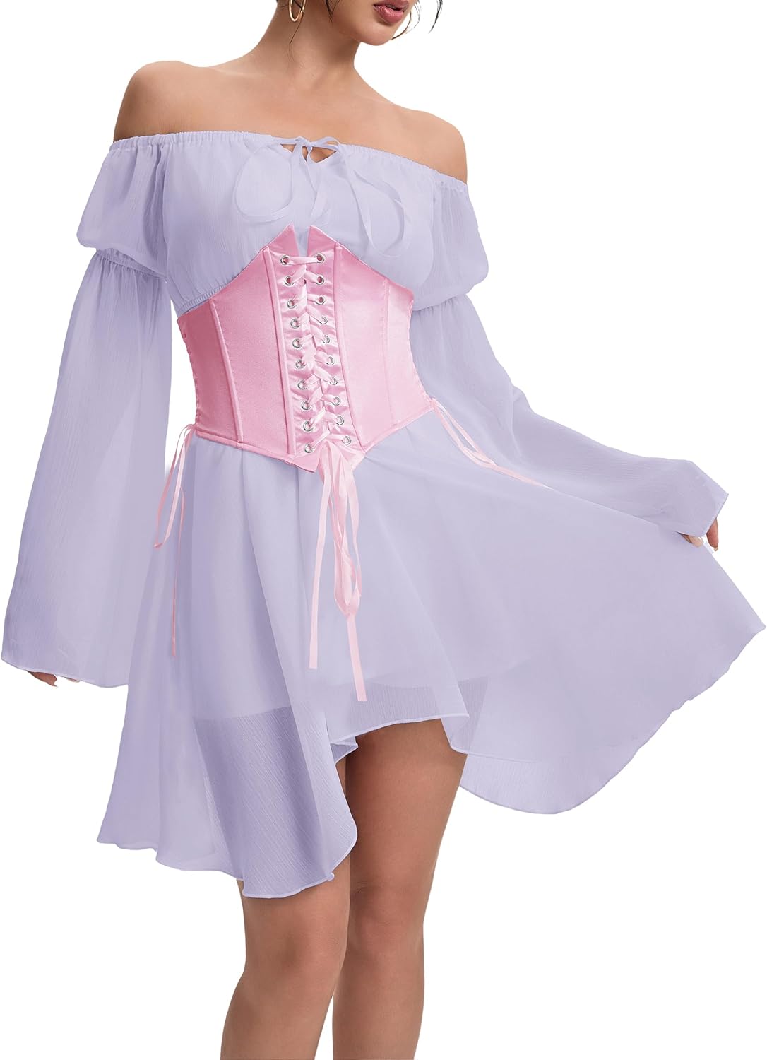 Womens Two Piece Corset Dress Off Shoulder Bell Sleeve Party Mini Fairy Bustier Dresses