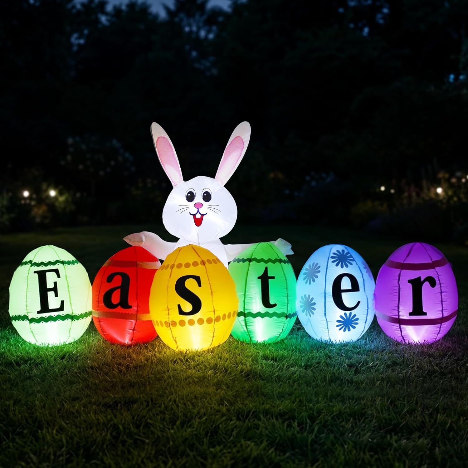 8 Feet Long Easter Inflatable Bunny with Eggs, Bulit-in LED Lights, Blow Up Rabbit Decor for Indoor Outdoor Yard Lawn Porch Garden Spring Holiday Decoration