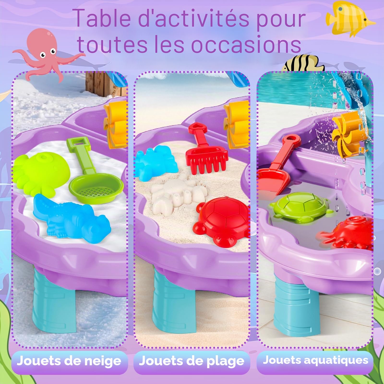 deAO Table à Eau de Sable 3 en 1 pour Enfants, Plage Jeu Sable Eau - Double Niveau avec 13 Accessoires, Table d‘Activités Sensorielle de Plage pour Garçons et Filles de 3 4 5 6 Ans (Violet)