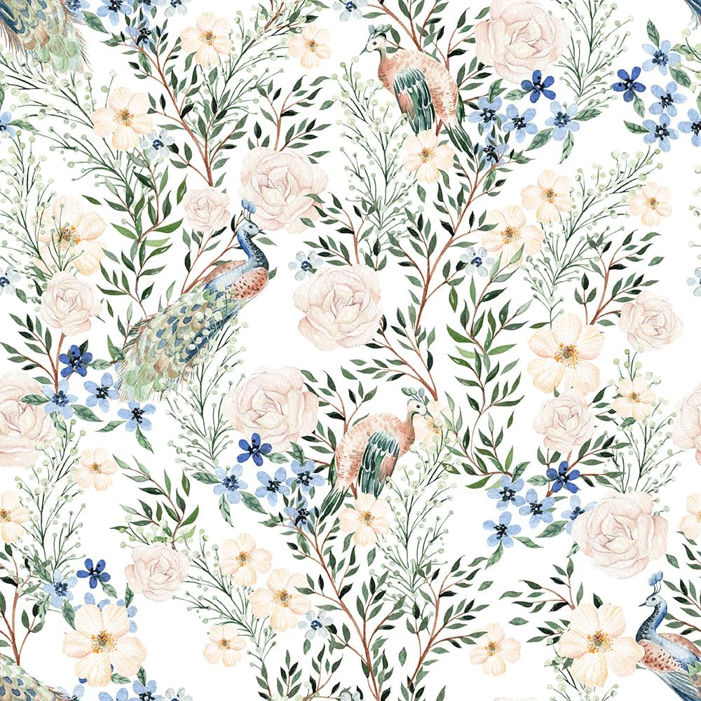 18"x236" Boho White Peony Florals Peacock Animals Peel and Stick Self Adhesive Wallpaper Removable Contact Paper Stick on Easy Peel Off Wall Paper for Kitchen Bedroom Bathroom Renter