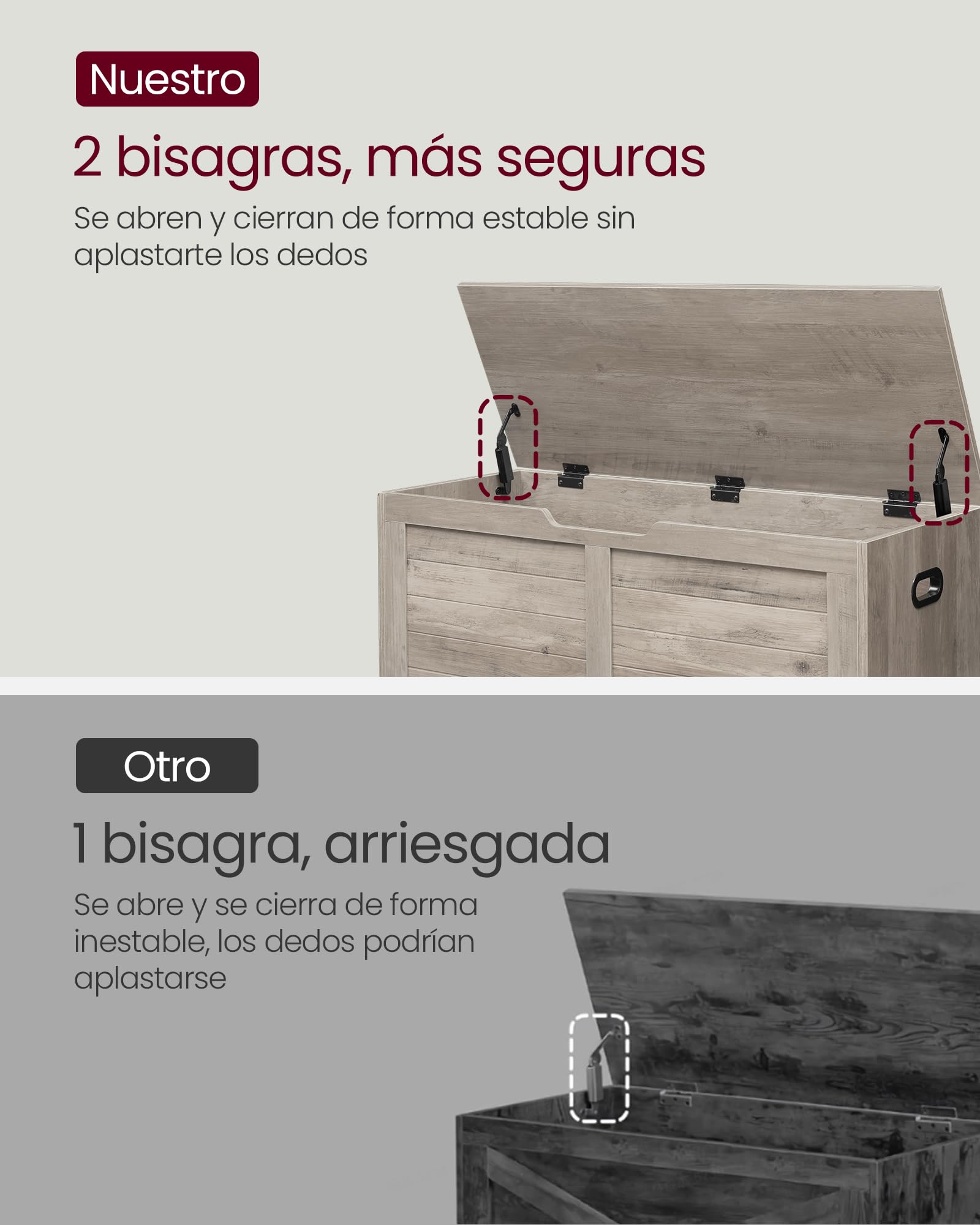 VASAGLE Puff Almacenaje con 2 Bisagras de Seguridad, 40 x 100 x 46 cm | Baúl, Banco Zapatero, Estilo de Campo, para Pasillo Dormitorio Salón, Greige Mélange, Colección SOFIE LSB061K02