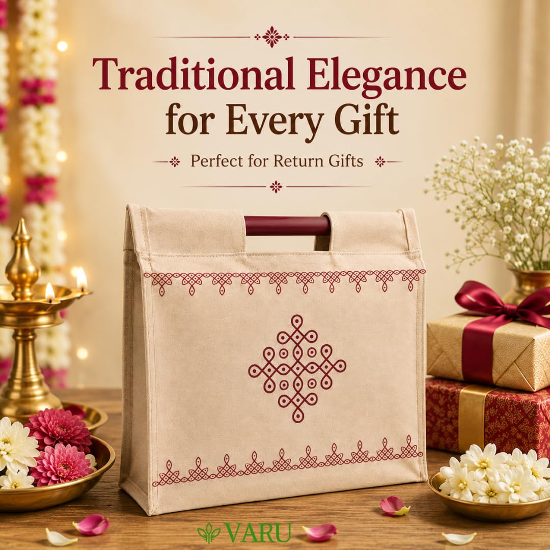 Jute Cotton Return Gift Bags - Kolam Design (Pack of 12) -3