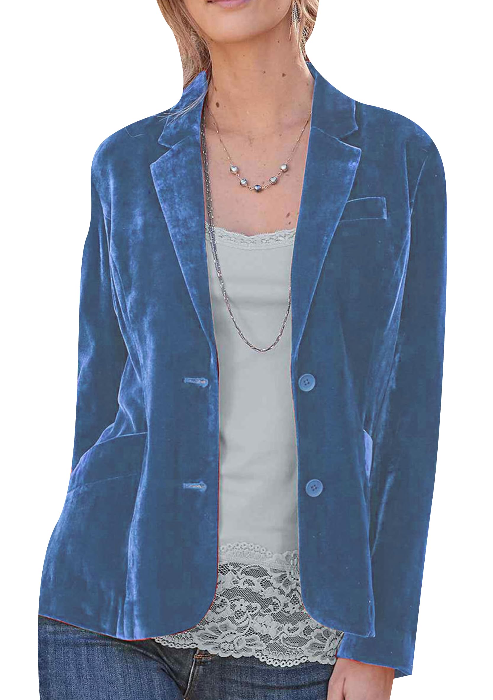 WIWIQS Womens Velvet Button Front Coat Cozy Long Sleeve Blazer Open Front Notched Lapel Outerwear with Pockets