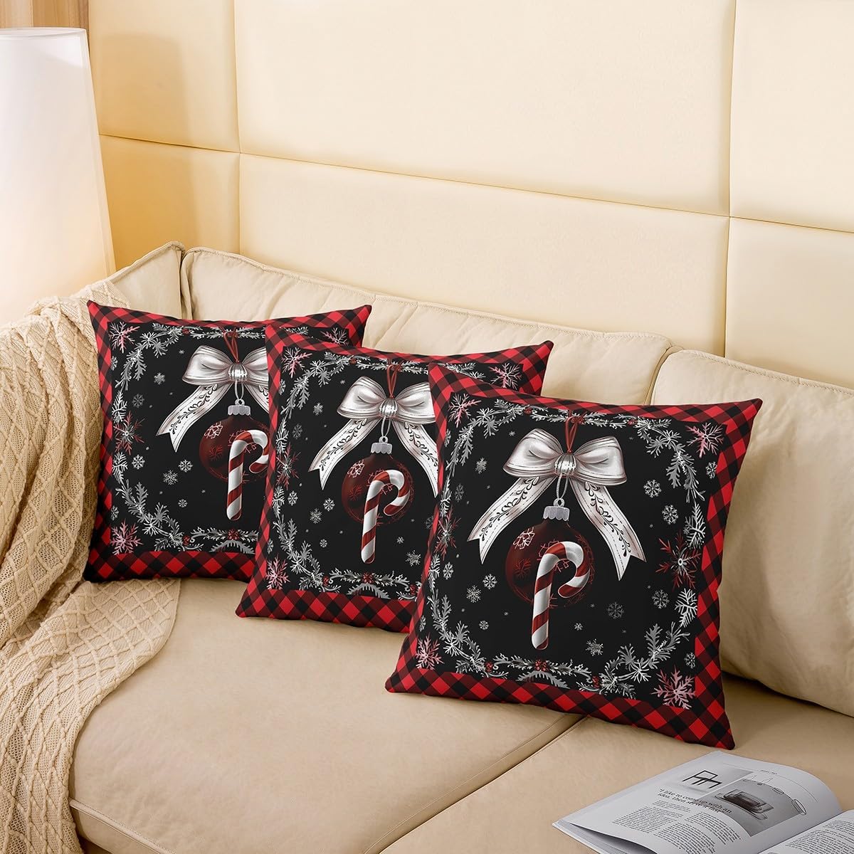 Xmas Bow Throw Pillow Covers 24"x24" for Kids Dreamy White Snowflake Cushion Covers Farmhouse Plaid Cushion Case Merry Christmas Bedroom Decor,Set of 2