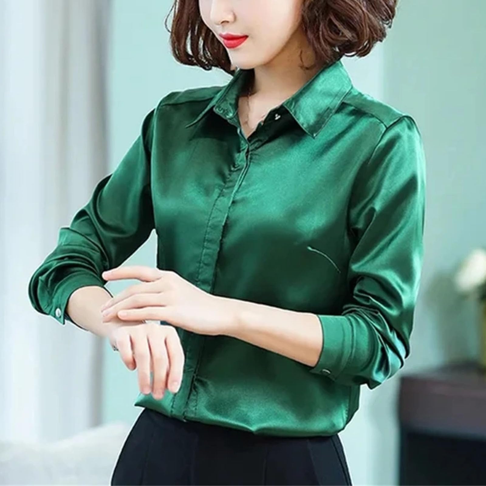Camisa de trabajo para mujer, blusa de manga larga con solapa y botones ocultos, brillante, básica, de seda satinada, para mujer