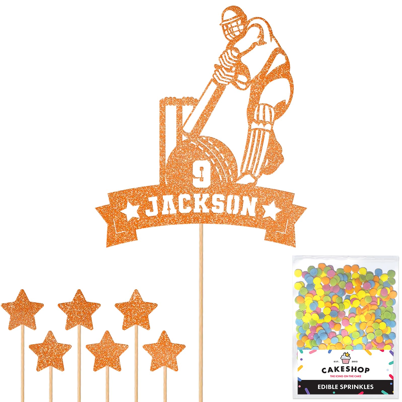Personalised Cricket Wicket and Bat Glitter Cake Topper - Orange Any Custom Age & Name Glitter Cake Decoration and Sprinkles - Happy Birthday Decorations - Personalised Toppers for Cakes by Cakeshop