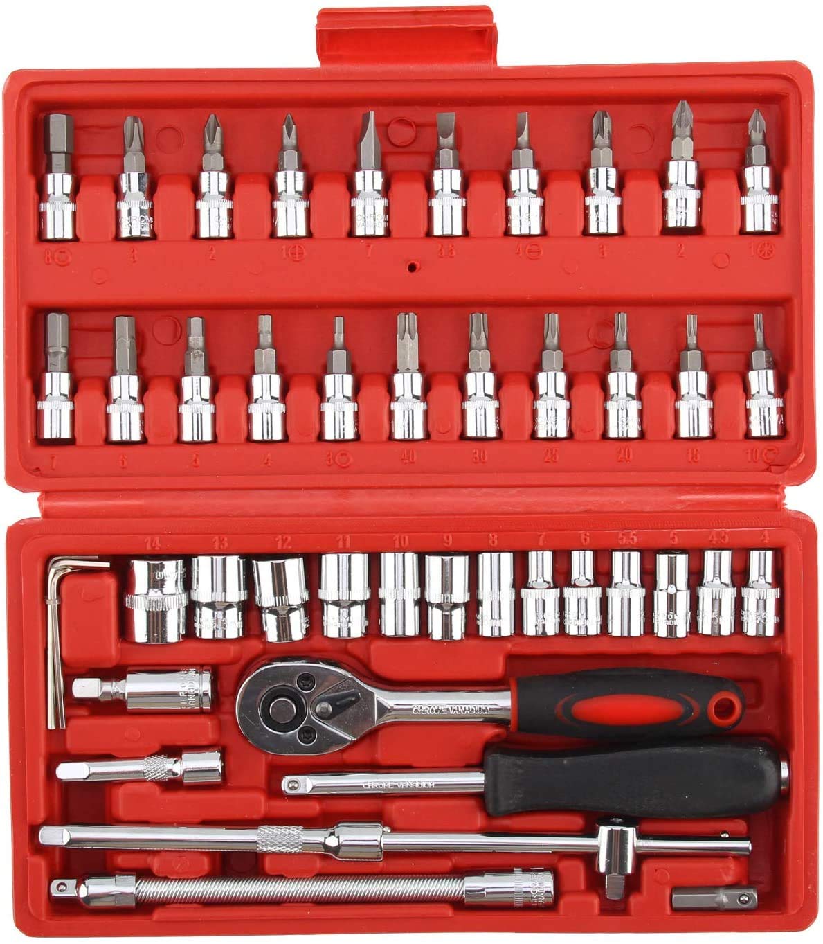 AZOD 46pcs 1/4-Inch Screwdriver Socket Bit Ratchet Wrench Combination Tools Kit with Extension Bar and Portable Case for Auto Repairing