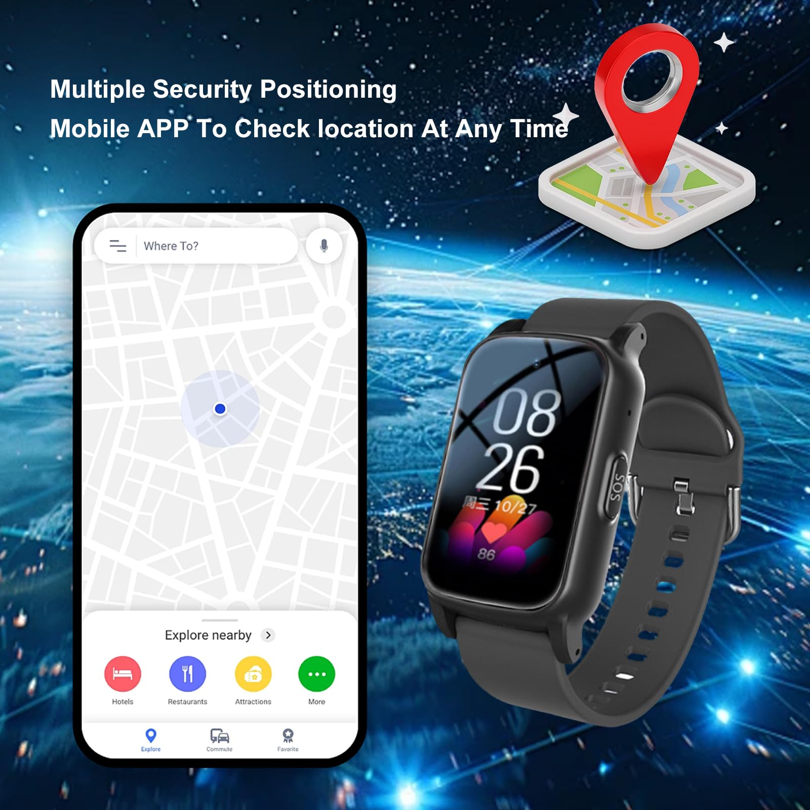 Reloj Localizador Personas Mayores, Reloj con Detección De Caídas, Alarma SOS De Emergencia, Seguimiento GPS En Tiempo Real, Llamadas De Video HDBlack,1.25 * 0.57 * 2.22inch