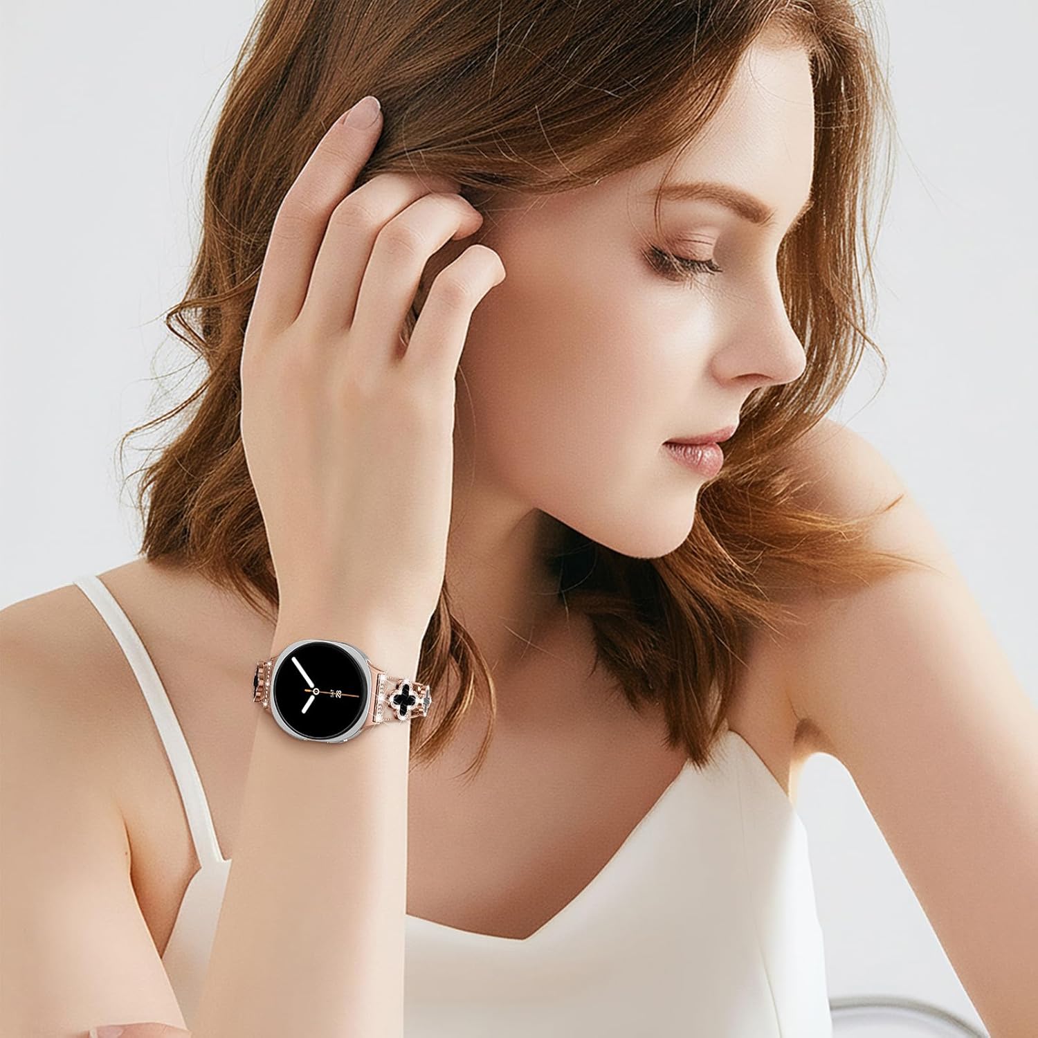 Metal Bands for Samsung Galaxy Watch 8 Band 40mm 44mm/8 Classic 46mm Women,Shiny Bling Diamond Four-Leaf Clover Stylish Stainless Steel Strap Replacement WristBands for Samsung Watch 8 Band 40 44 mm - Image 7